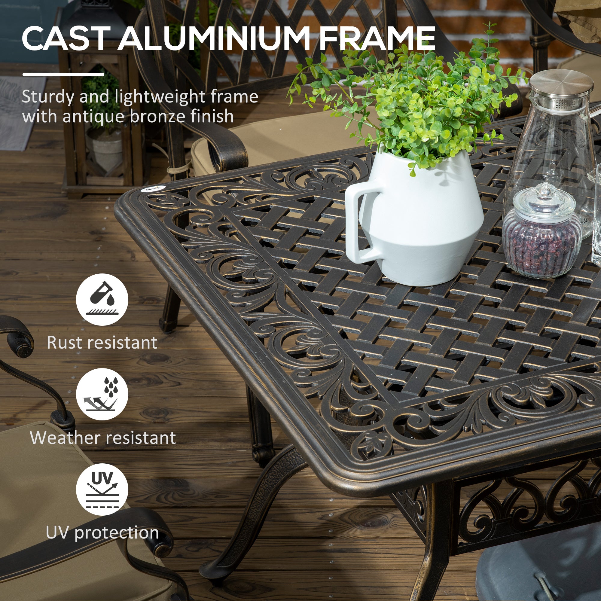 Outsunny 7 PCs Garden Patio Dining Set with Parasol Hole, Cast Aluminium Outdoor Furniture Set with Six Cushioned Chairs and Rectangle Dining Table, for Garden, Lawn, Deck, Bronze Tone - North Peak Garden Furniture