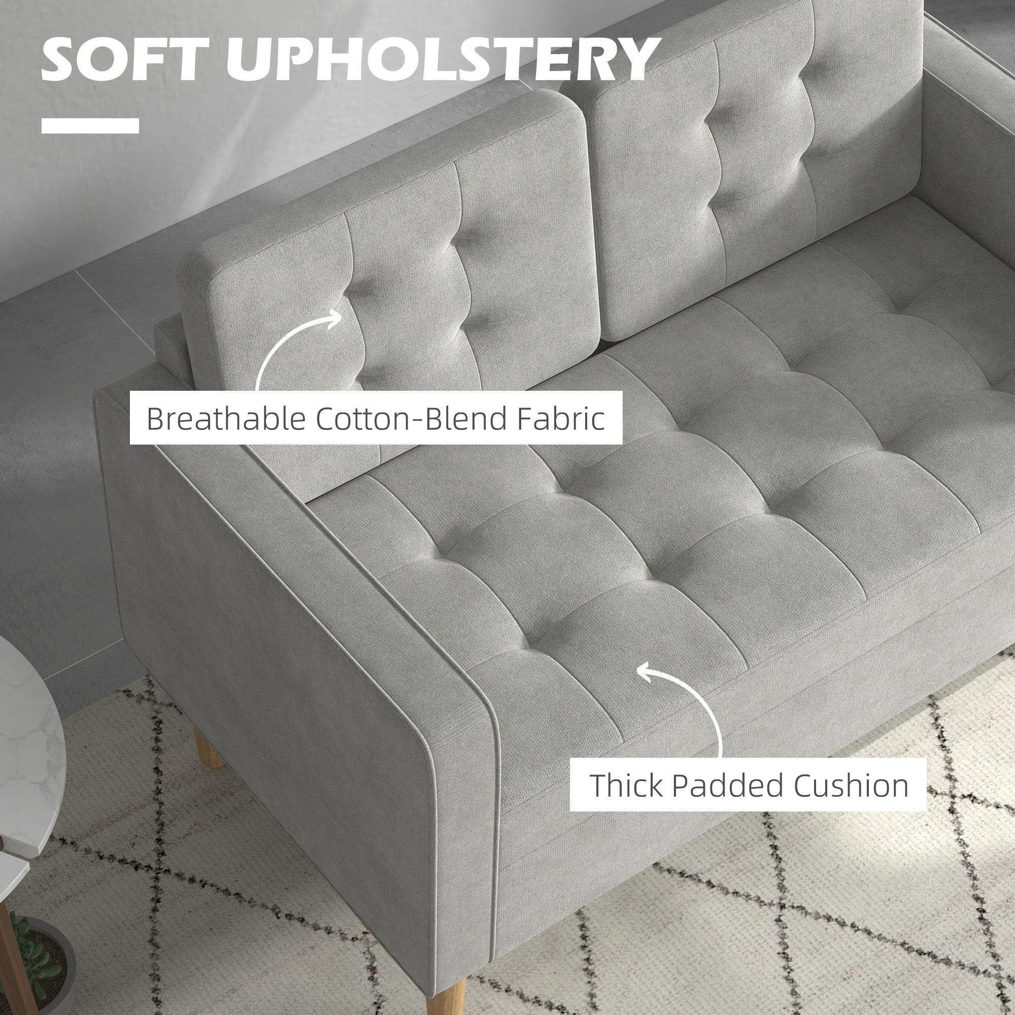 HOMCOM Modern 2 Seater Sofa with Hidden Storage, 117cm Tufted Cotton Couch with Wood Legs, Compact Loveseat for Living Room, Kitchen, Light Grey - North Peak Garden Furniture