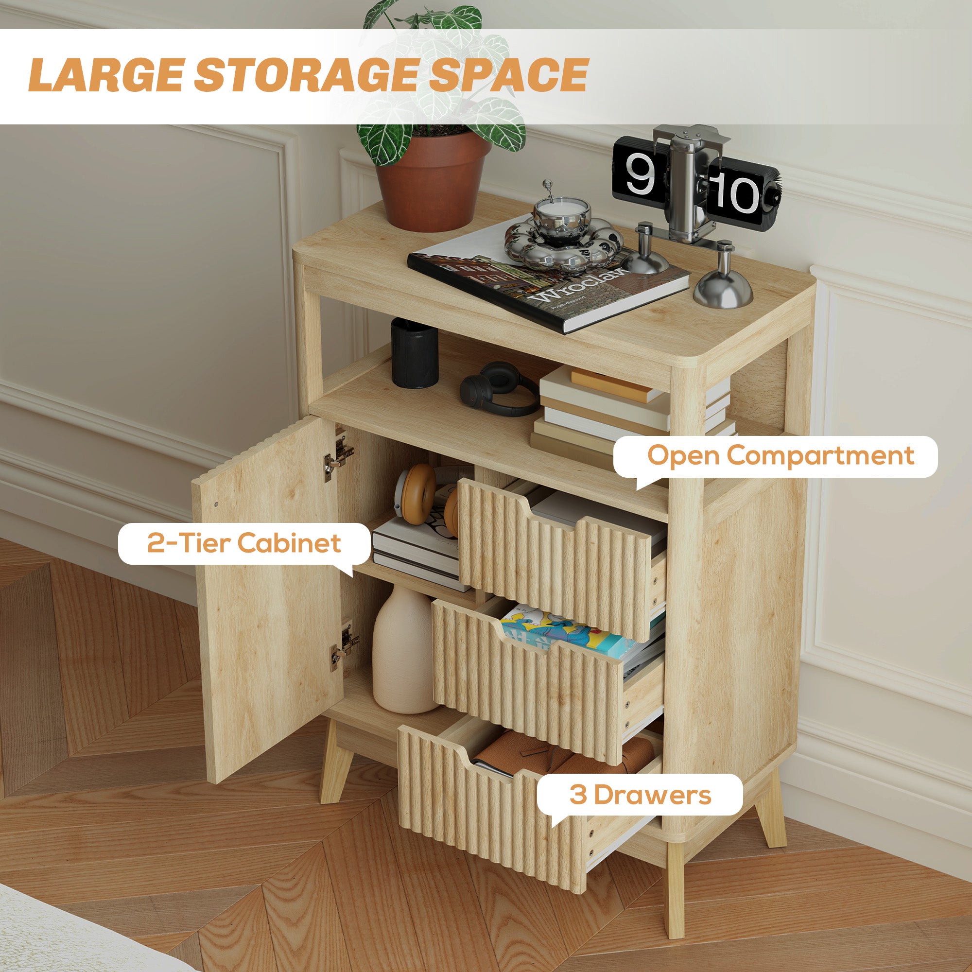 HOMCOM Small Sideboard with Drawers and Adjustable Shelf - Nature Wood Finish - North Peak Garden Furniture