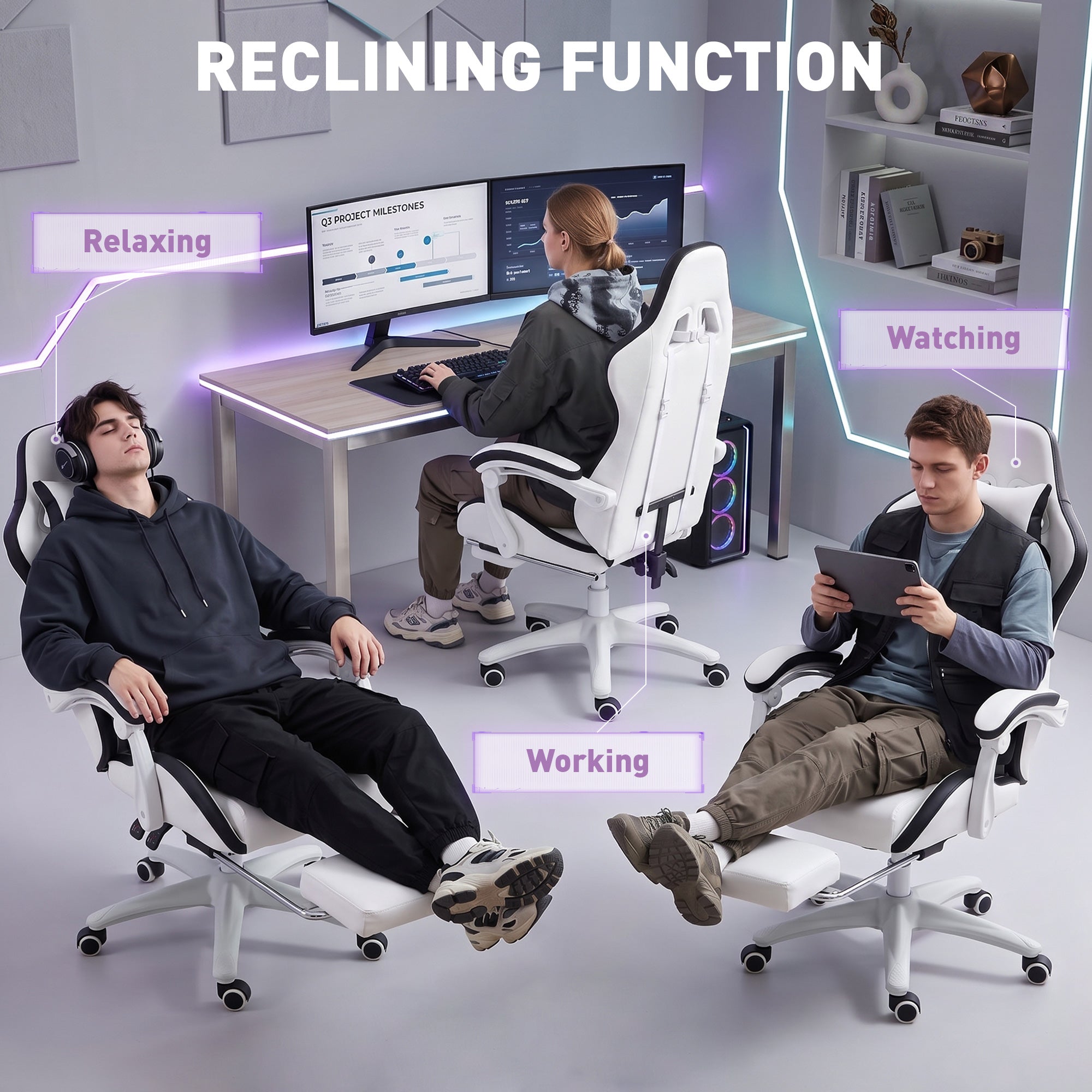 Vinsetto Computer Gaming Chair, PU Leather Desk Chair with Footrest, Swivel Task Chair with 135° Reclining Back and Lumbar Support, PC Chair for Adults, White and Black