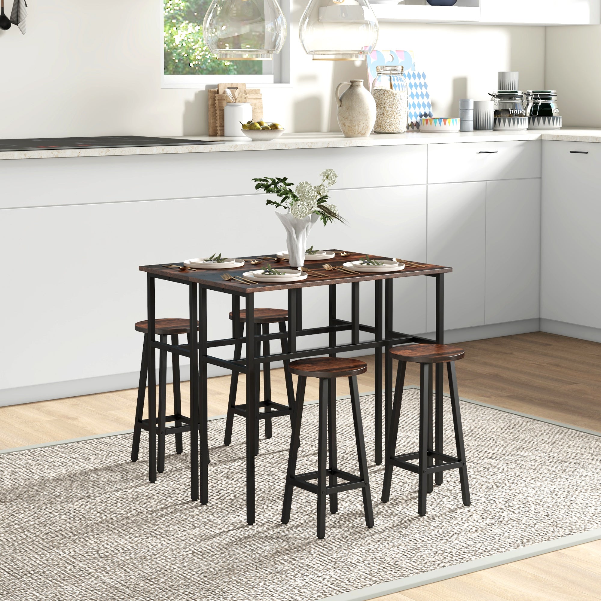 HOMCOM 6-Piece Bar Table Set, 2 Breakfast Tables with 4 Stools, Counter Height Dining Tables & Chairs for Kitchen, Living Room, Rustic Brown - North Peak Garden Furniture