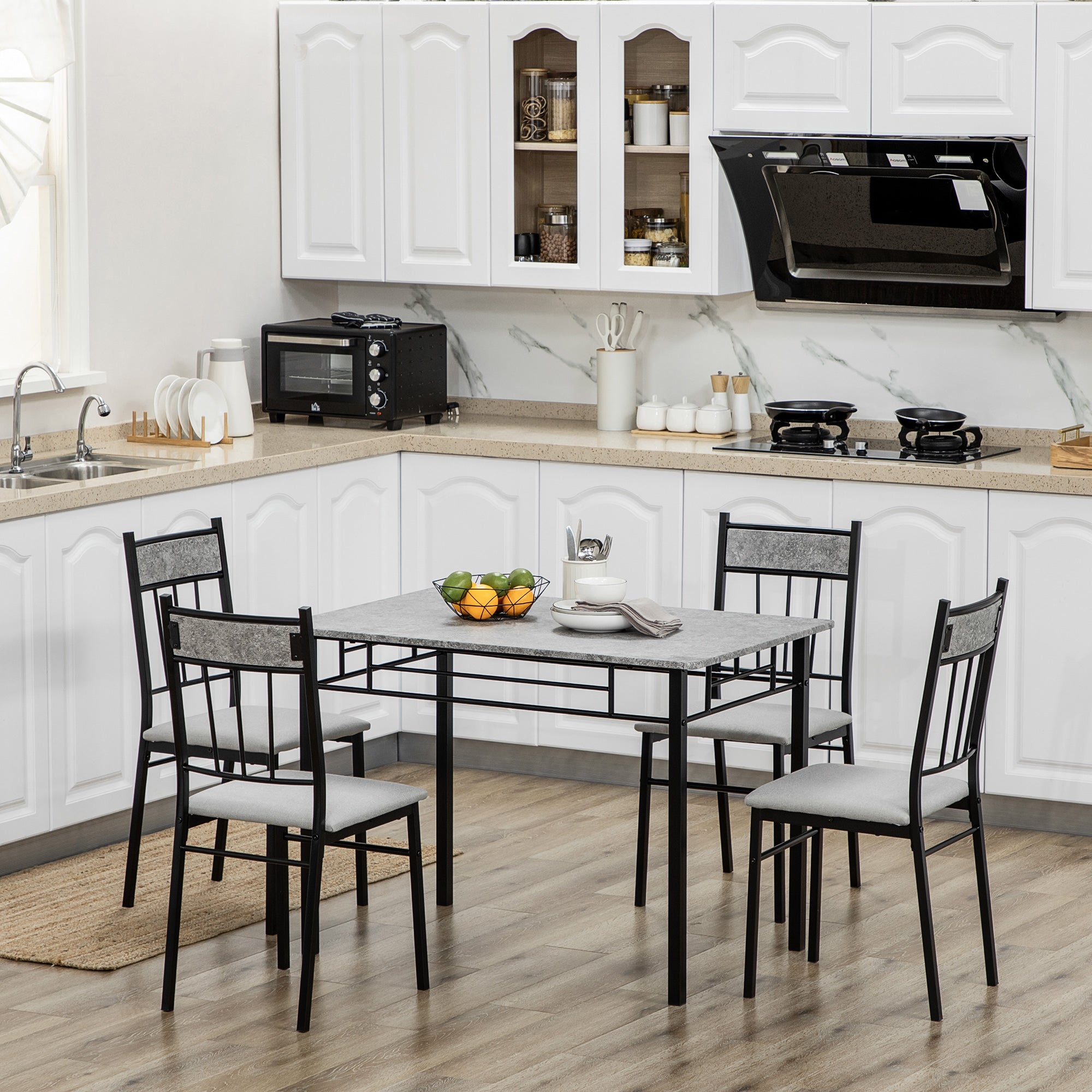 HOMCOM Five-Piece Marble Effect Dining Table Set - Grey/Black - North Peak Garden Furniture
