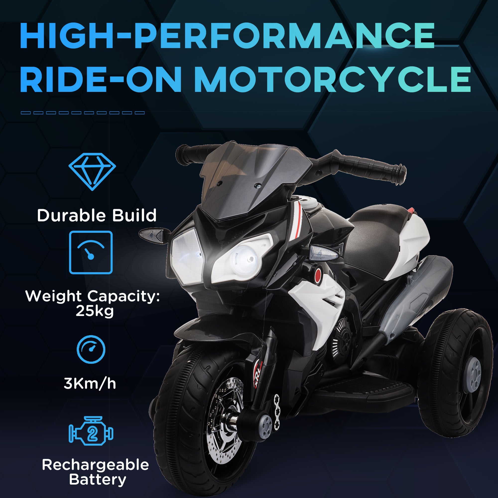 HOMCOM Kids 6V Electric Ride On Motorcycle Electric Motorbike w/ Lights Music Horn 3 Wheel Outdoor Play Toy for 3-5 Years Black - North Peak Garden Furniture