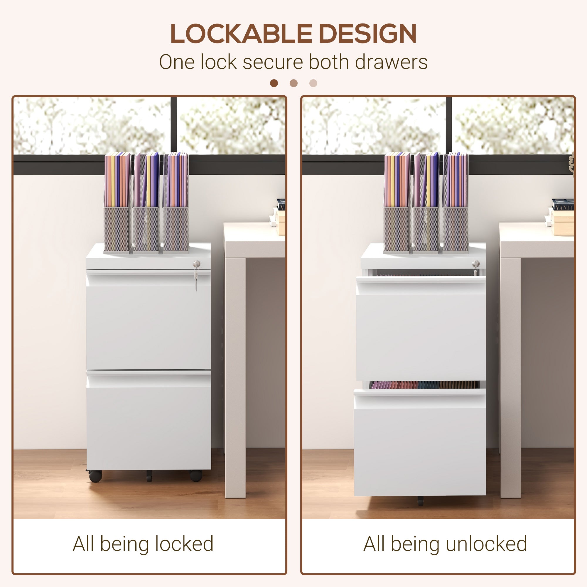 Vinsetto 2-Drawer Mobile Filing Cabinet, Steel Lockable File Cabinet for Letter, A4 and Legal Size, Pre-Assembled Body, White - North Peak Garden Furniture