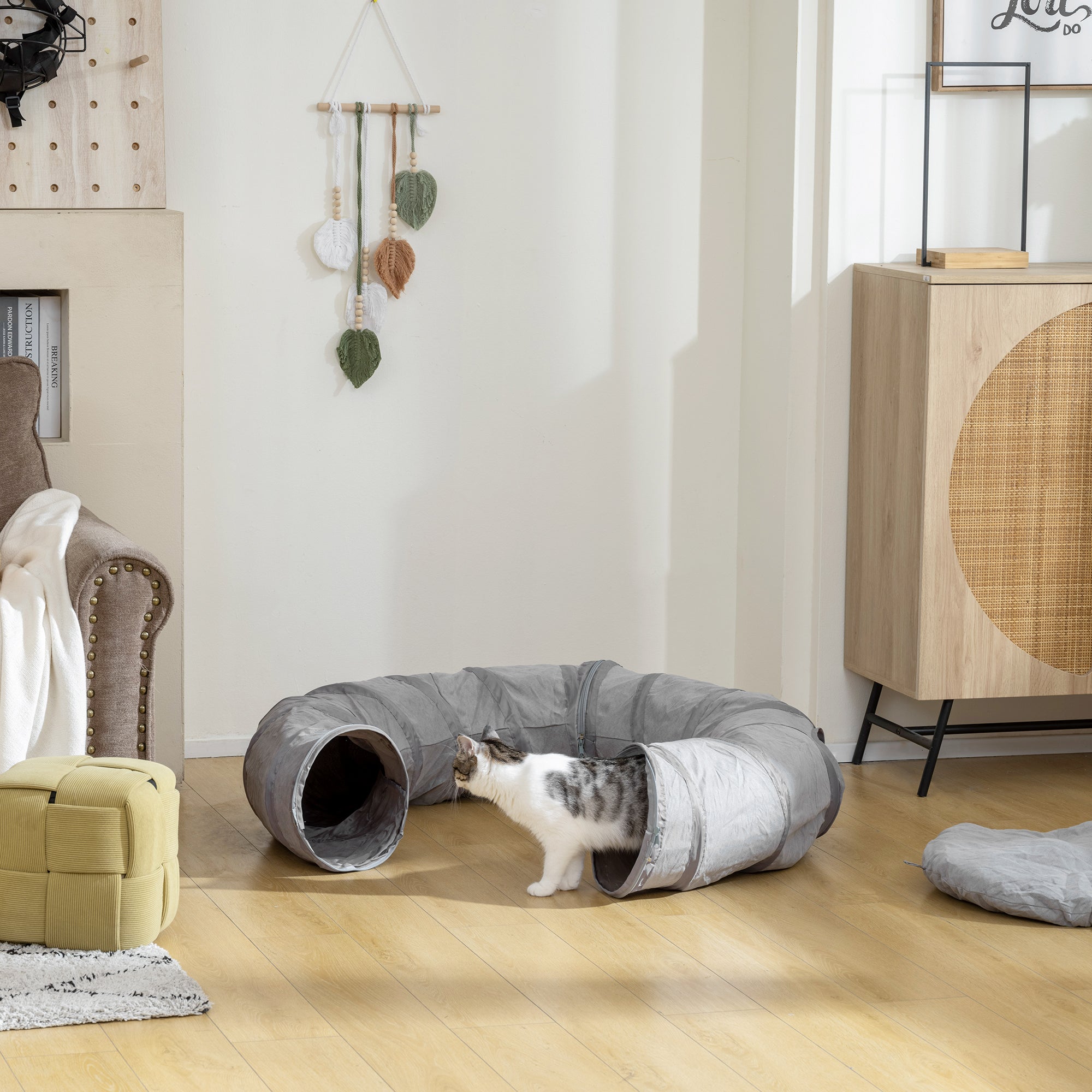 PawHut 2 in 1 Cat Tunnel with Bed, Cat Play Tunnel with Ball & Peek Hole for Indoor Cats, Grey