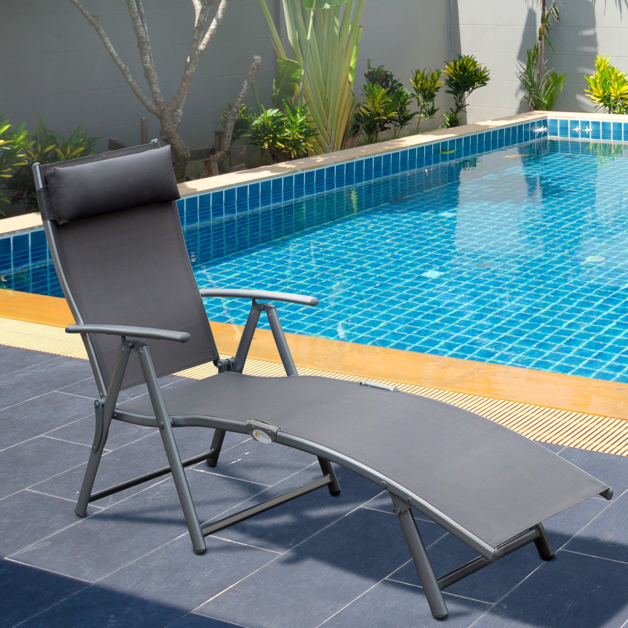 Outsunny Sun Lounger Steel Frame Outdoor Folding Chaise Texteline Lounge Chair Recliner with Headrest & 7 Levels Adjustable Backrest, Grey - North Peak Garden Furniture