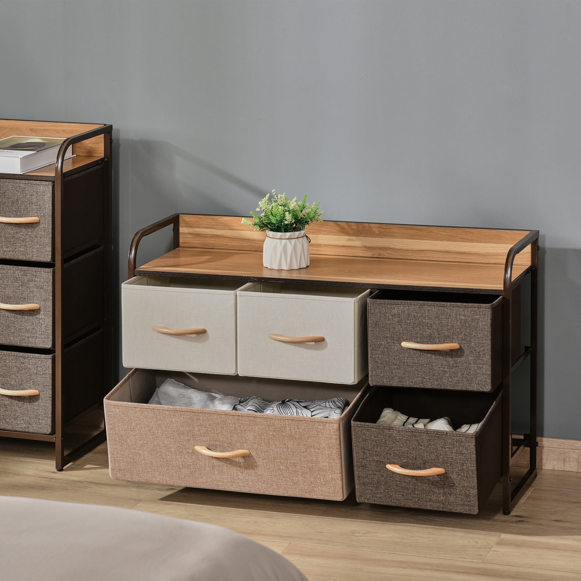 HOMCOM 5-Drawer Dresser, Linen Fabric Chest of Drawers, Dresser Tower Unit for Bedroom Hallway Entryway, Storage Organizer with Steel Frame Wooden Top - North Peak Garden Furniture