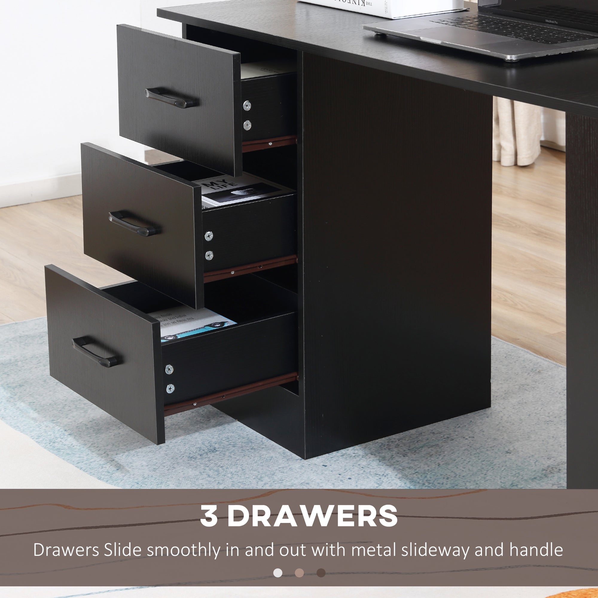 HOMCOM Computer Desk, Writing Table, PC Workstation with 3 Storage Shelves and Drawers, Black Handle, for Home Office, Black - North Peak Garden Furniture