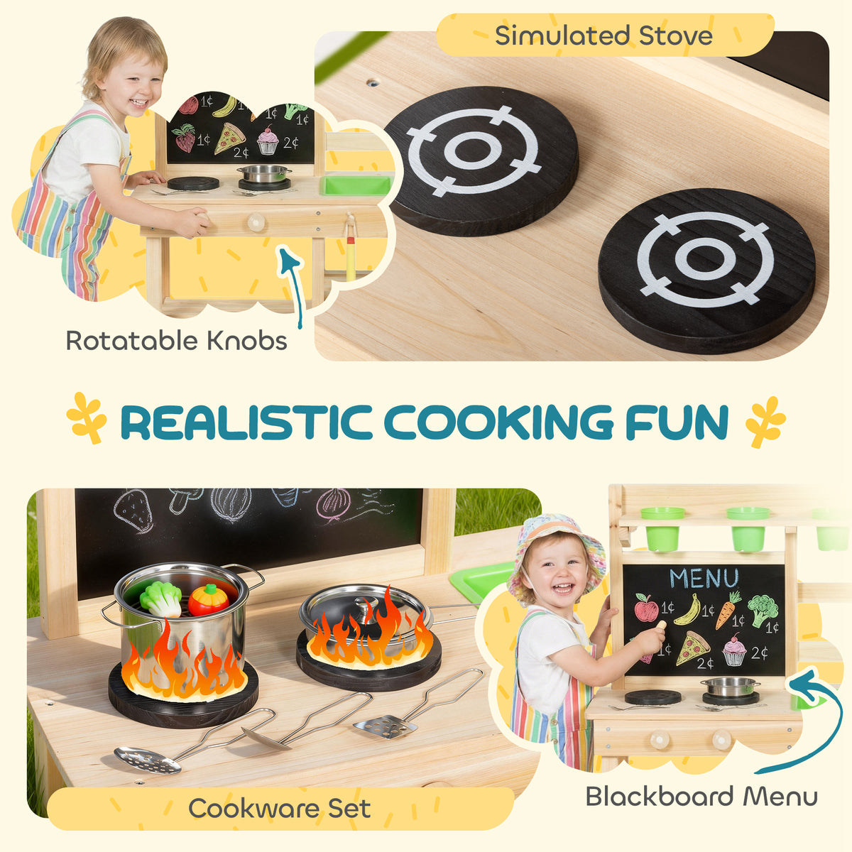 AIYAPLAY Kids Mud Kitchen, Outdoor Wooden Play Kitchen with Kitchenware & Garden Tools, Pretend Play Outdoor Toys, Natural