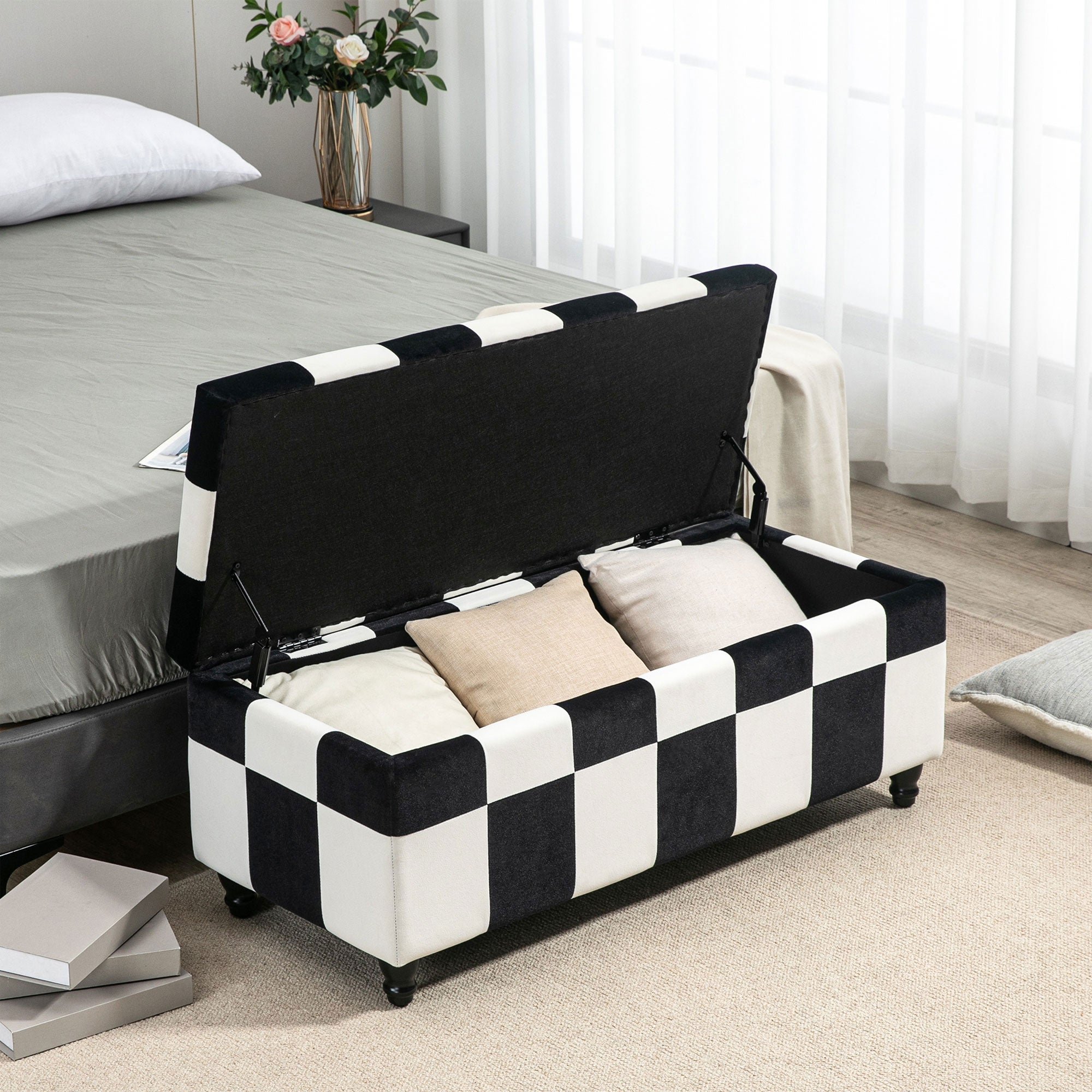 HOMCOM 114 x 47 x 47cm Velvet Storage Ottoman, Button-tufted Footstool Box, Toy Chest with Lid for Living Room, Bedroom, White and Black - North Peak Garden Furniture