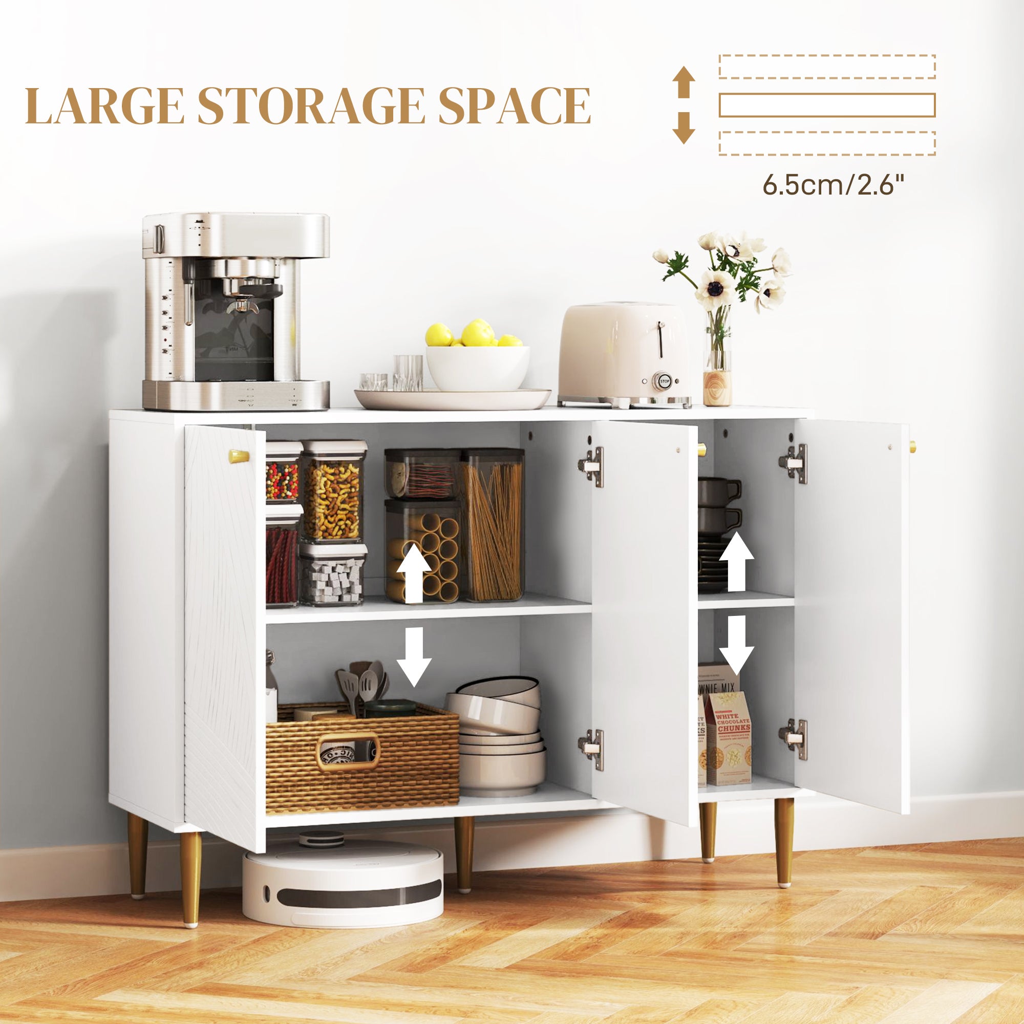HOMCOM Elegant Two-Cupboard Sideboard - White/Gold-Tone - North Peak Garden Furniture