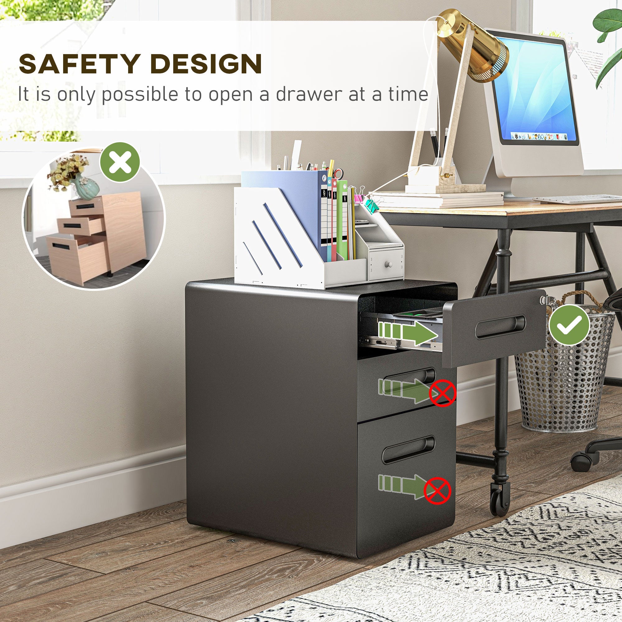 Vinsetto Lockable File Cabinet with 3 Drawers, Vertical Office Drawer for A4, Letter, Legal Size, Anti-tilt Design, Pre-Assembled Body, Black - North Peak Garden Furniture
