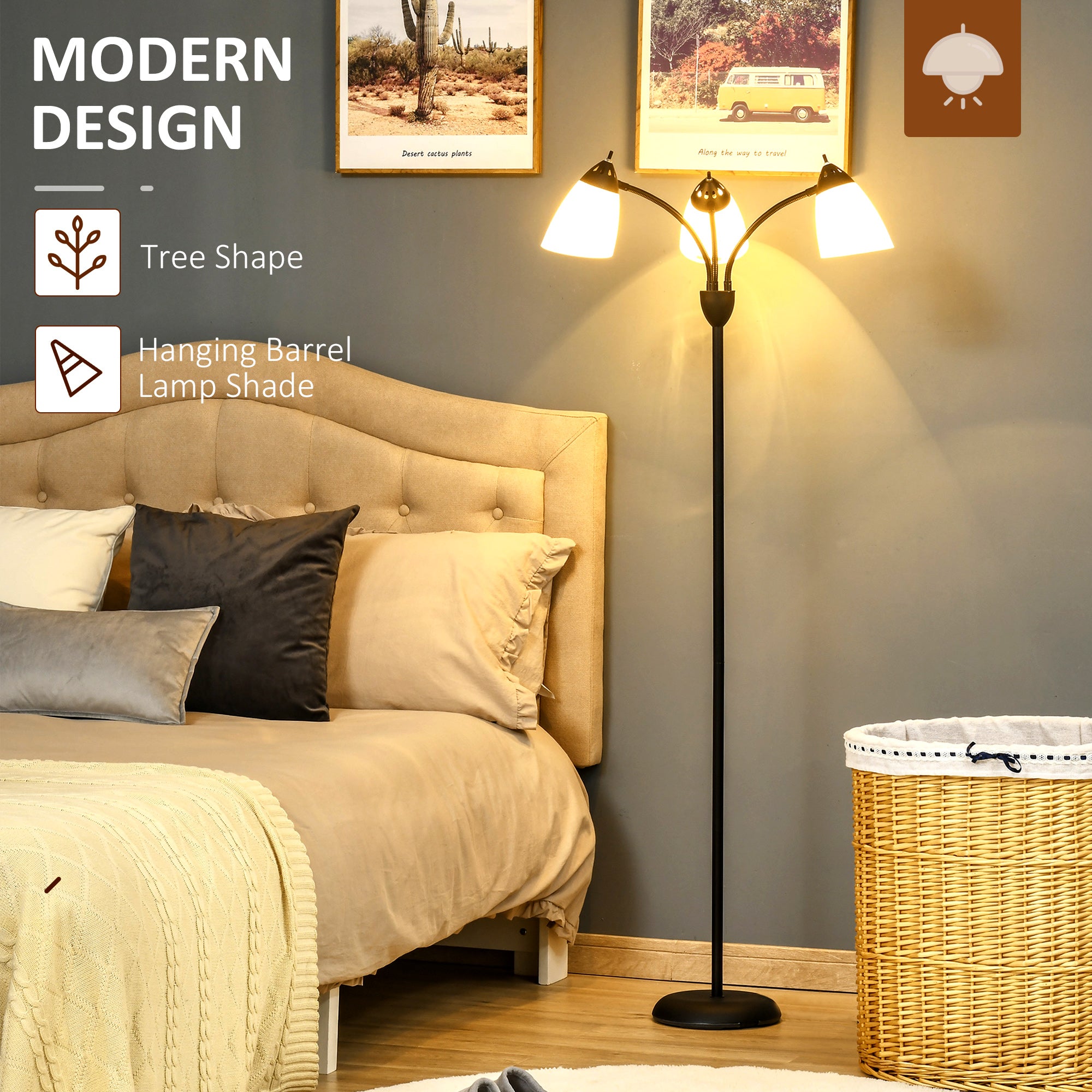 HOMCOM Arc Tree Floor Lamp with 3 Adjustable Rotating Lights, for Bedroom Living Room, Industrial Standing Lamp with Steel Frame, 155cm, Black - North Peak Garden Furniture