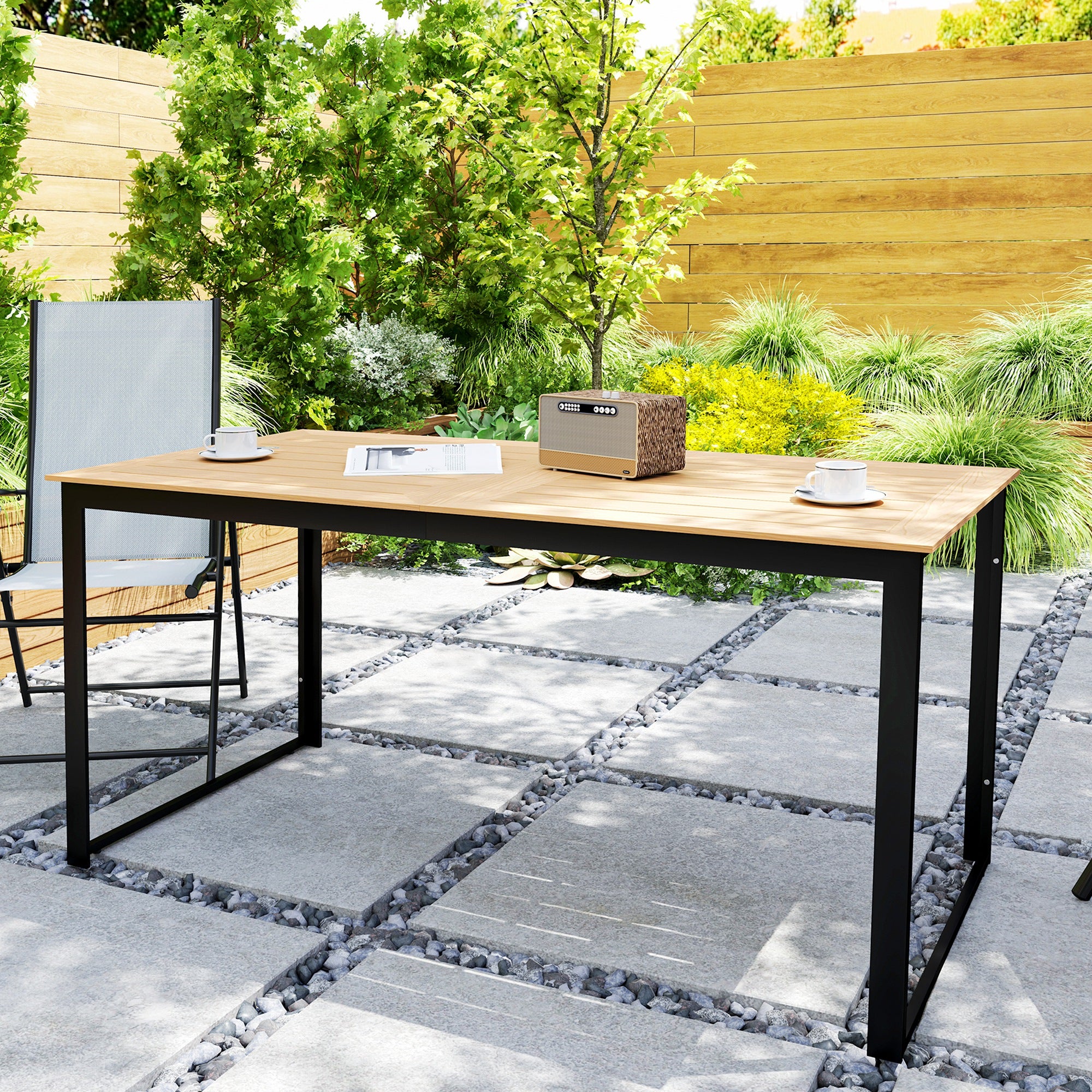 Outsunny Garden Table for 6 People, 160 x 80 x 75 cm Rectangle Outdoor Dining Table with Slatted Top, Metal Frame, for Balcony, Deck, Teak - North Peak Garden Furniture
