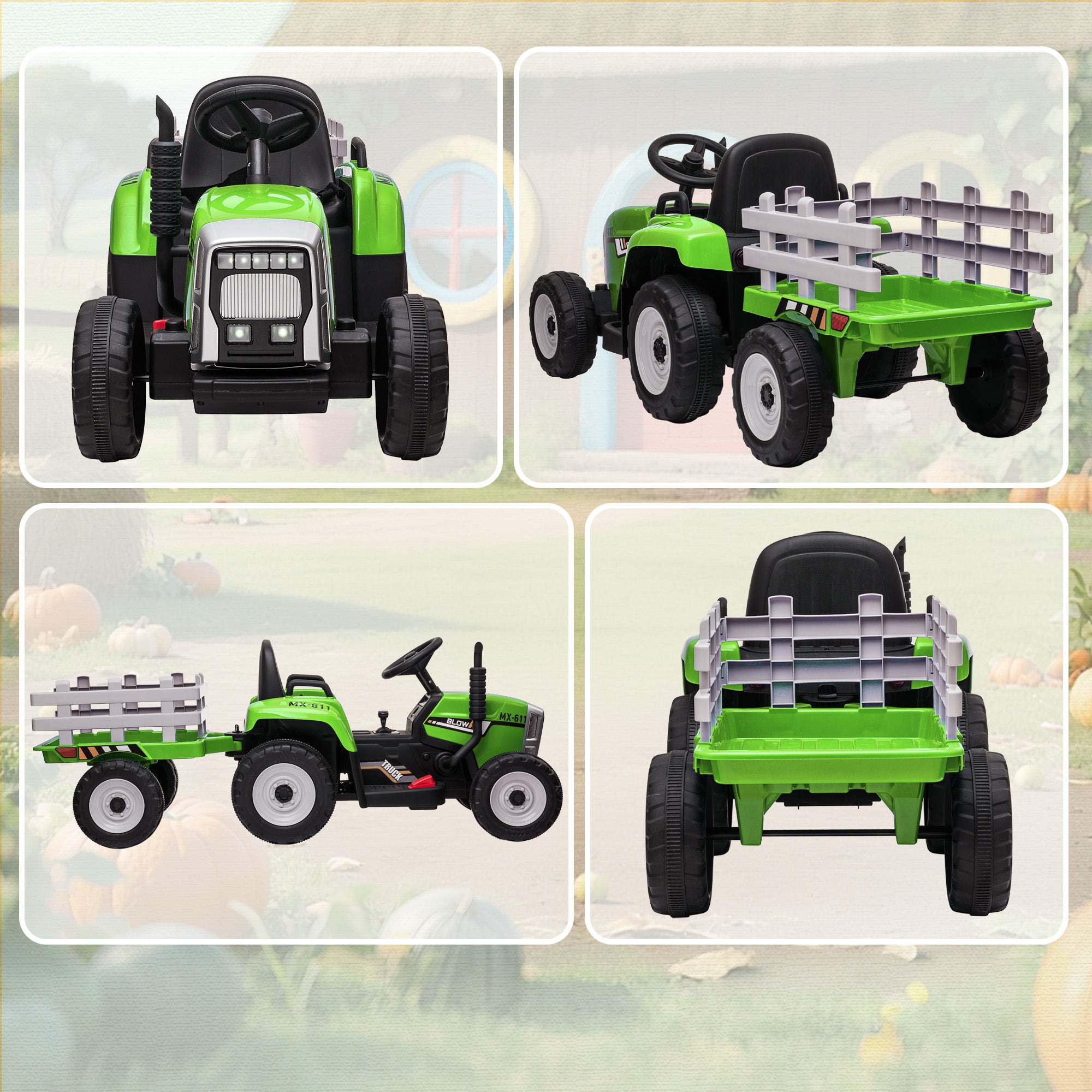 HOMCOM Ride On Tractor, Battery Powered Electric Car, with Detachable Trailer, Remote Control, Music - Green
