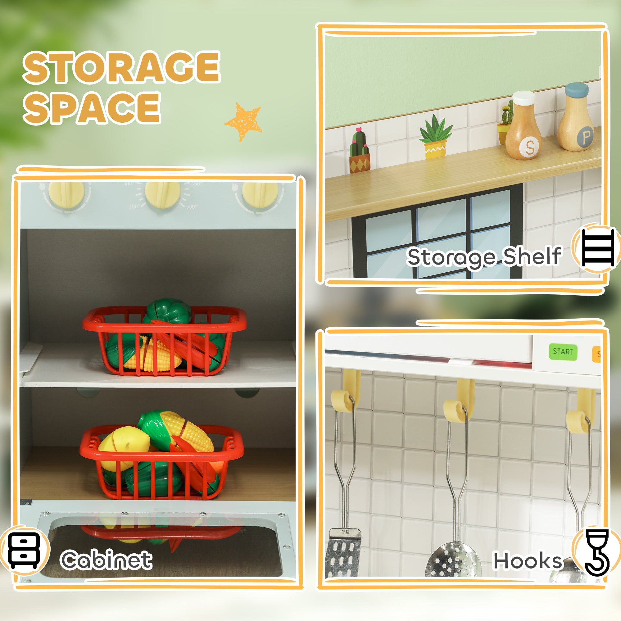 AIYAPLAY Pretend Play Kitchen, Kids Kitchen Playset with Light & Sound Stove, Turning Knobs, Cooking Accessories
