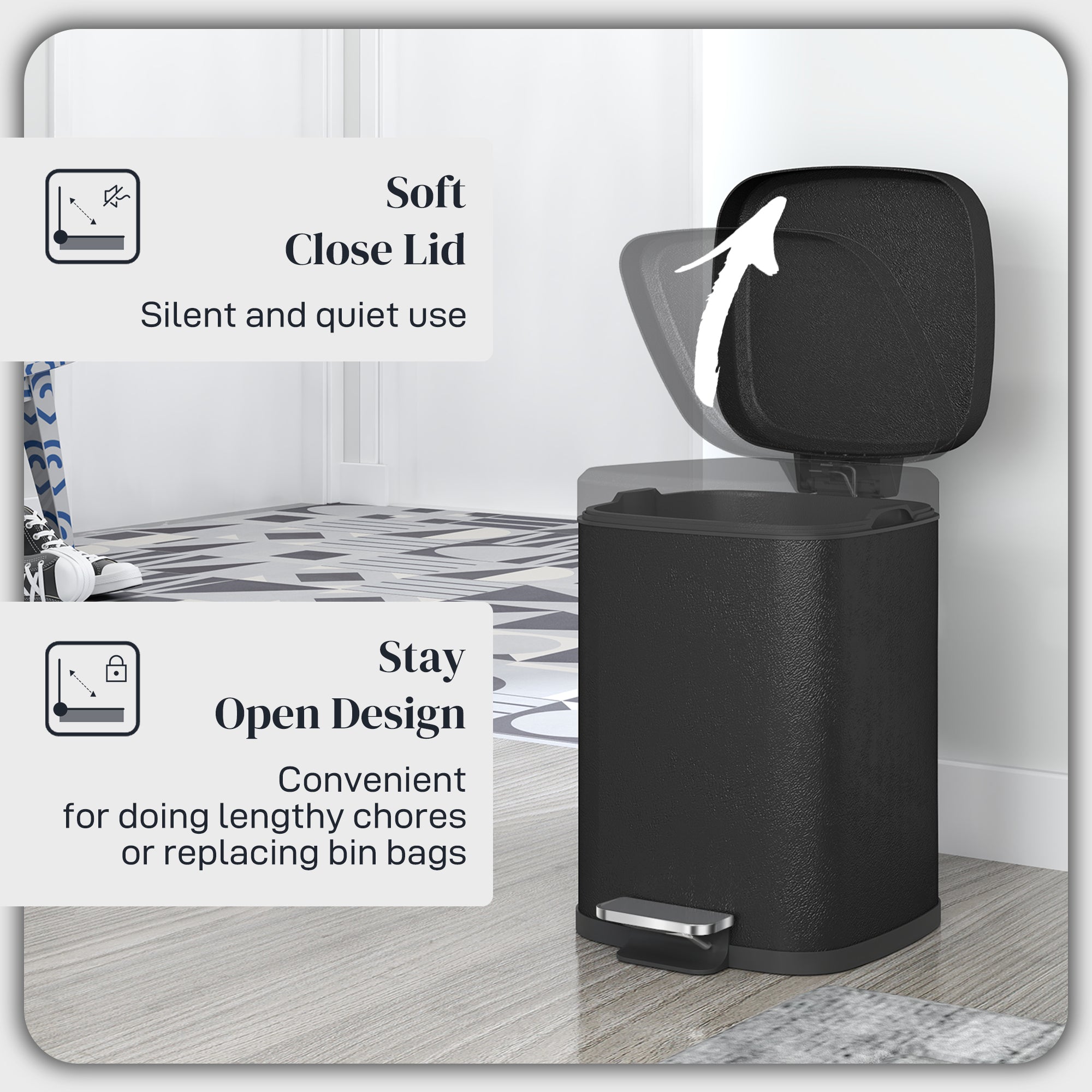 HOMCOM 12L Modern Boxy Metal Home Kitchen Bin - Black - North Peak Garden Furniture
