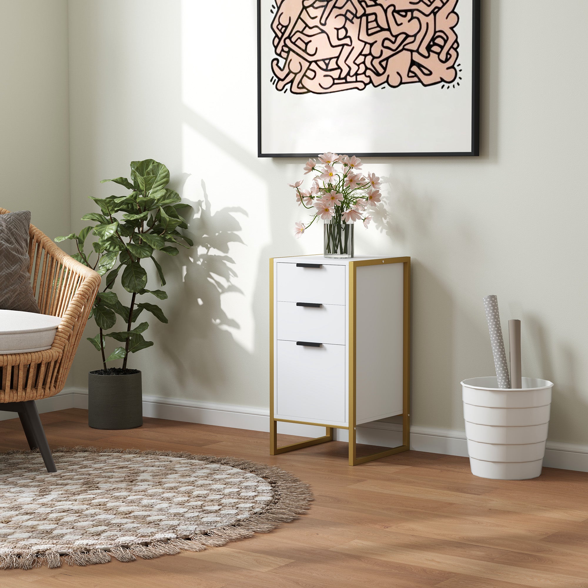 HOMCOM Bedroom Chest of Drawers, Industrial 3-Drawer Dresser, Storage Drawers Unit with Metal Frame for Living Room, White - North Peak Garden Furniture