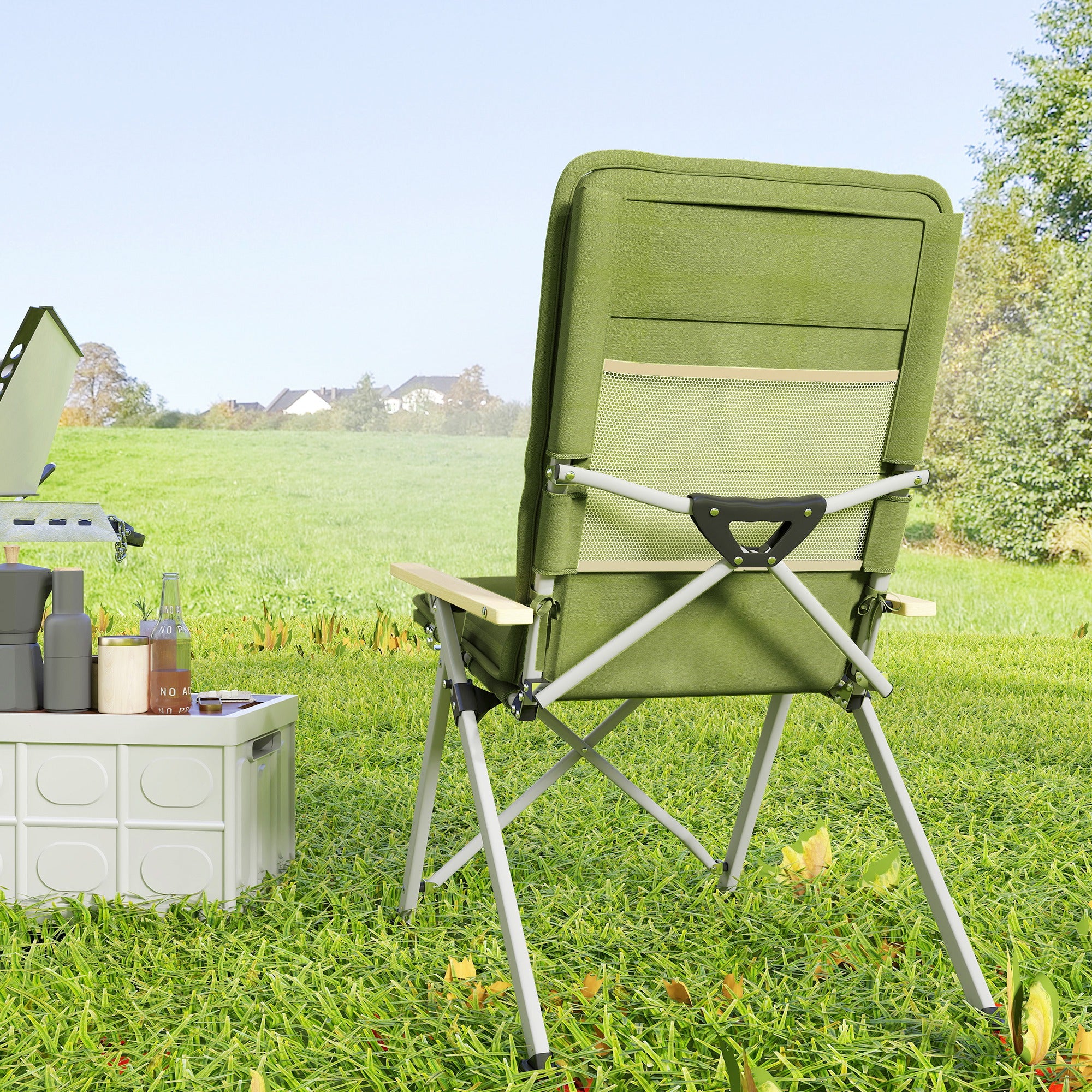 Outsunny Portable Camping Chair for Adults, High Back Folding Chair with Padded Seat and Carry Bag, Outdoor Recliner for Hiking, Fishing, Beach and Picnic, Green - North Peak Garden Furniture