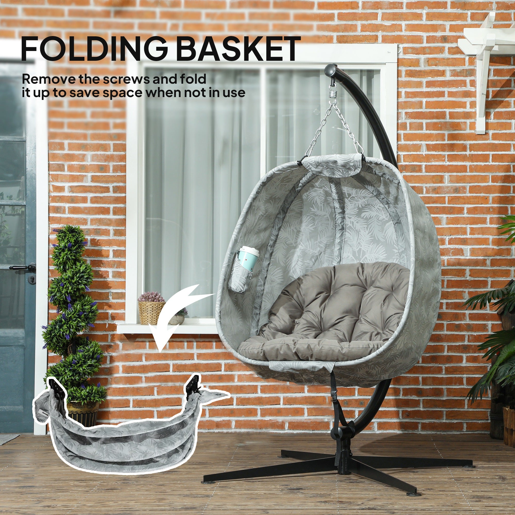 Outsunny Hanging Egg Chair Outdoor Indoor Garden Swing Chair with Folding Basket, Garden Hanging Chair with Stand, Thickened Cushion, Cup Holder for Patio, Balcony, Sand Brown - North Peak Garden Furniture