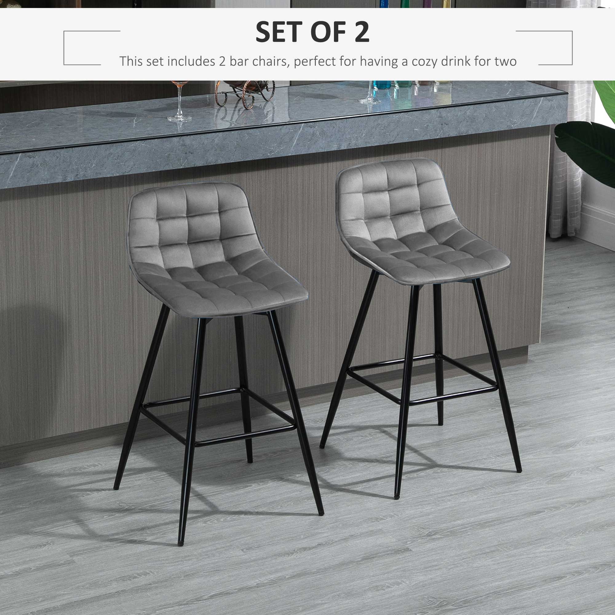 HOMCOM Set of 2 Bar Stools Velvet-Touch Dining Chairs Kitchen Counter Chairs    Fabric Upholstered seat with Metal Legs, Backrest, Grey