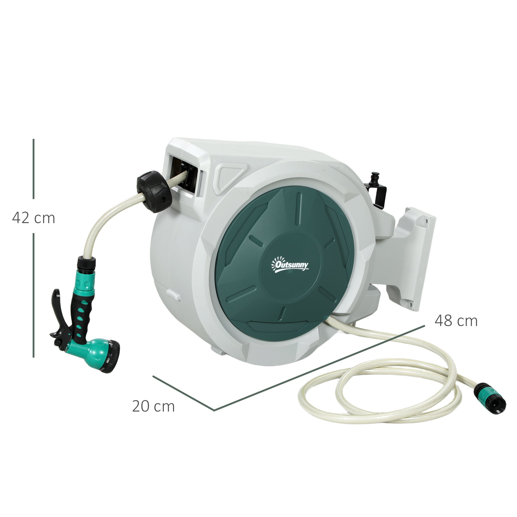 Outsunny Retractable Hose Reel Wall Mounted, 20+2m Garden Hose Pipe Reel with Lock, Auto Rewind, 7 in 1 Spray Nozzle, Includes Wall Fixings, 180° Swivel, Outdoor Watering, Light Grey