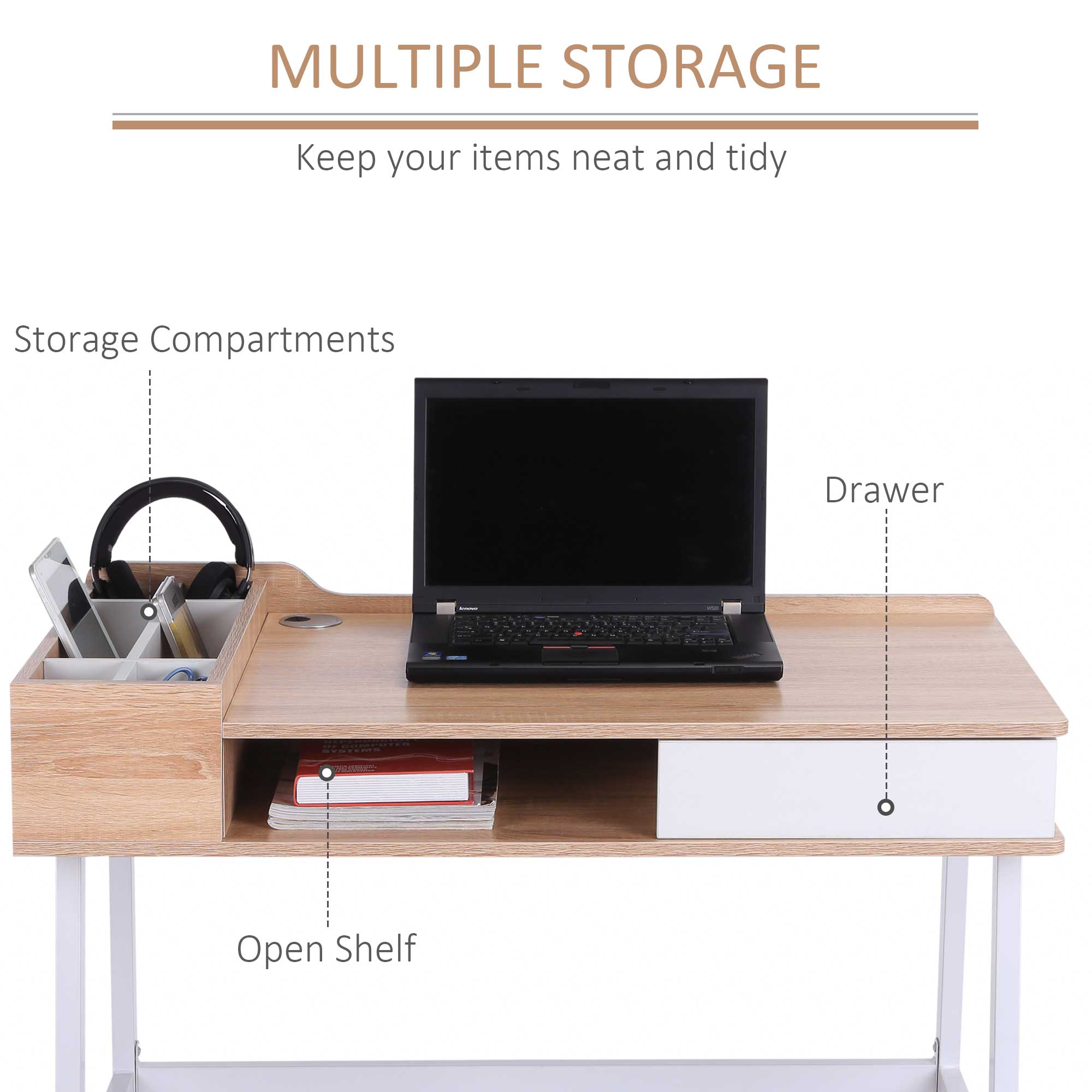 HOMCOM Computer Desk, Writing Desk, Study Workstation with Drawer, Storage Compartments, Cable Management, Laptop Table, Metal Frame, 100 x 55 x 81.5cm, Oak and White - North Peak Garden Furniture