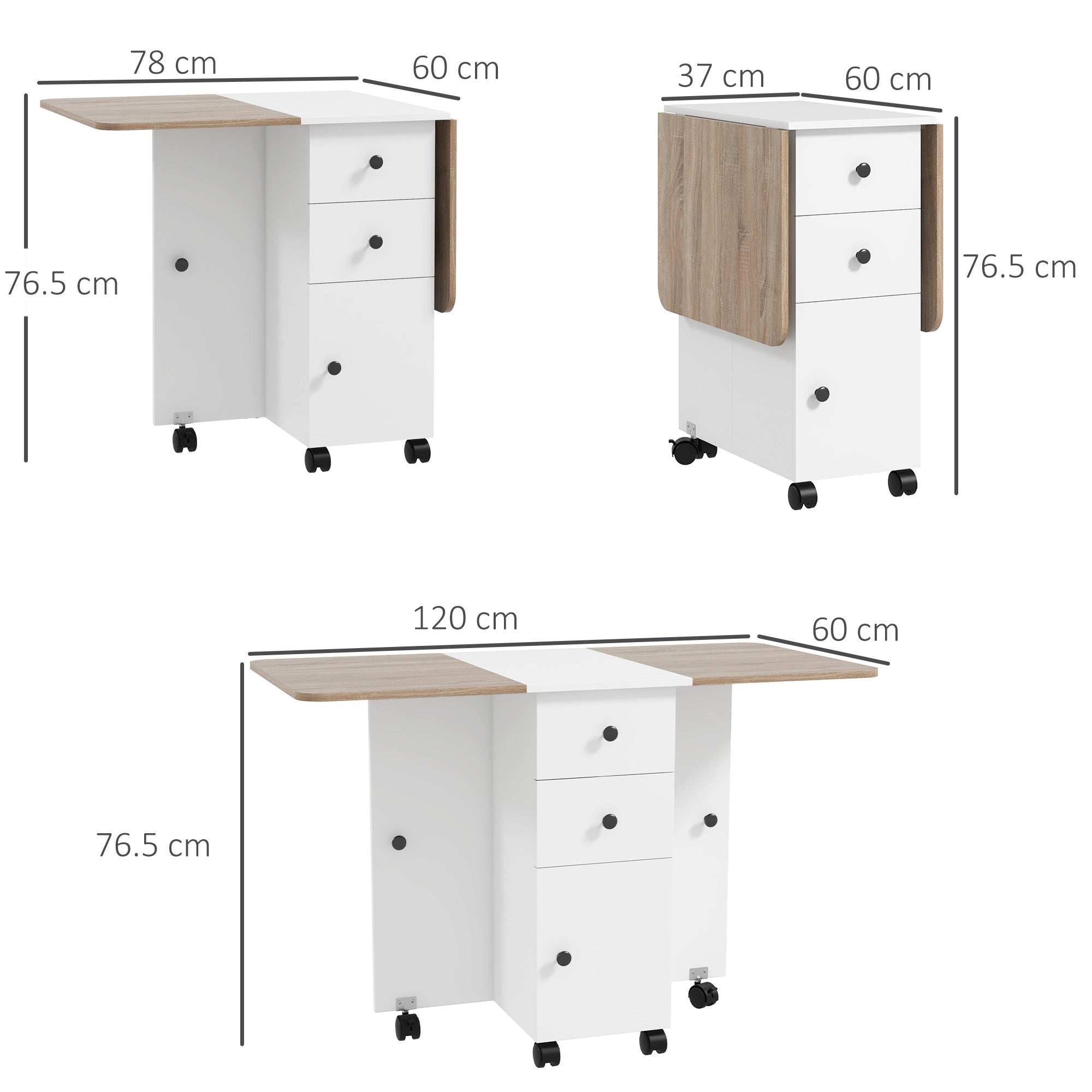 HOMCOM Multi-Storage Six-Person Drop Leaf Dining Table - Oak and White - North Peak Garden Furniture