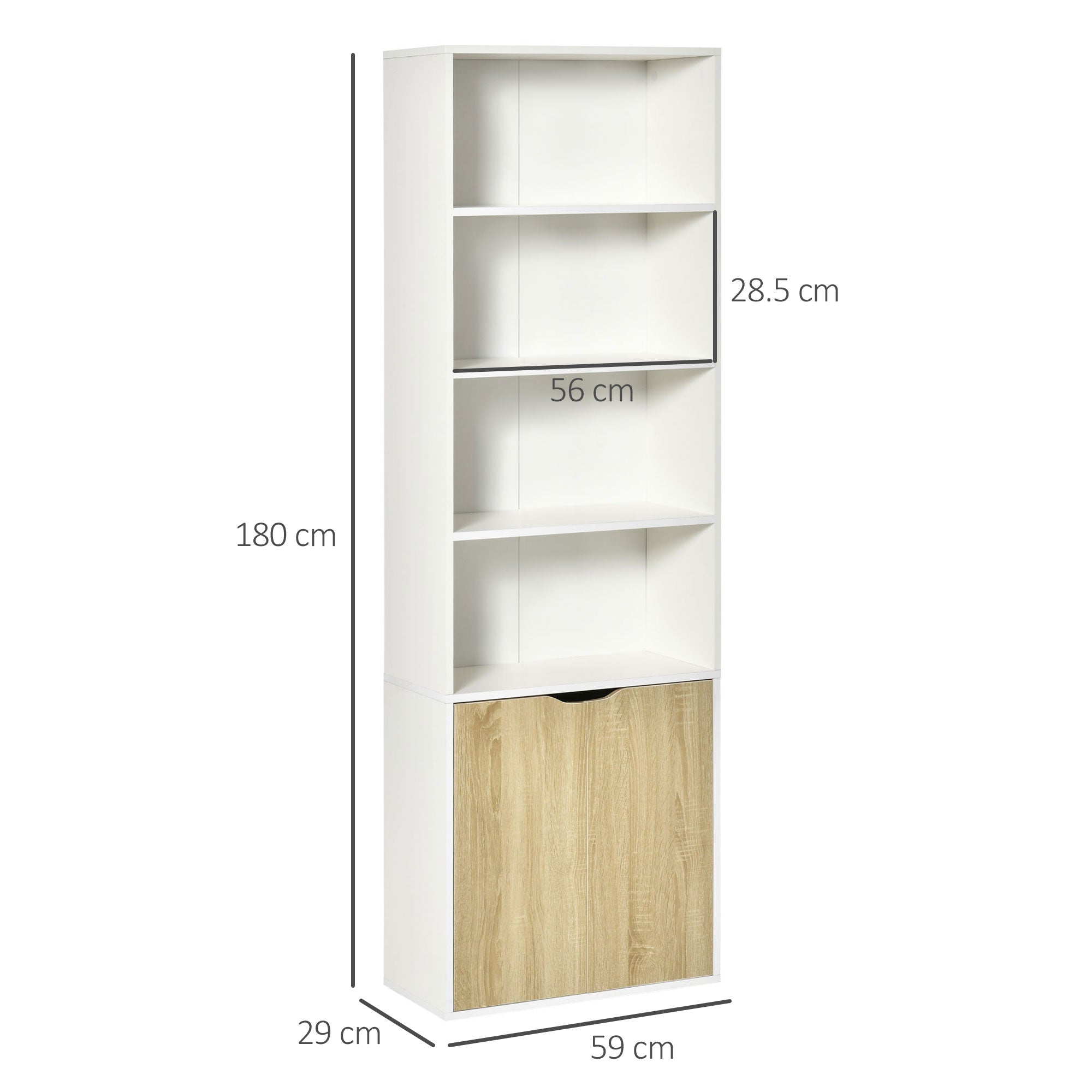 HOMCOM 6-Tier Tall Bookcase, Bookshelf with 4 Open Shelves and Double Door Storage Cabinet, Freestanding Display Rack for Living Room, Bedroom, Home Office, Study, 59 x 29 x 180cm, White and Oak - North Peak Garden Furniture