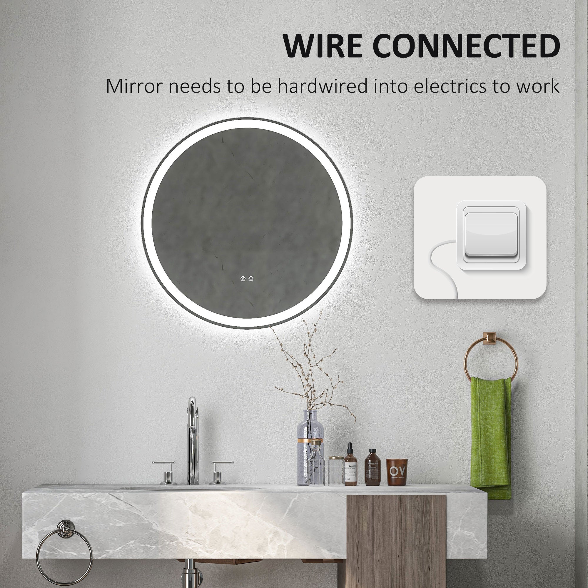 kleankin Round Bathroom Mirror with LED Lights, Wall Mount Dimmable Makeup Mirror with 3 Temperature Colours, Defogging Film and Memory Function, Frameless, Hardwired, 70 x 70 cm