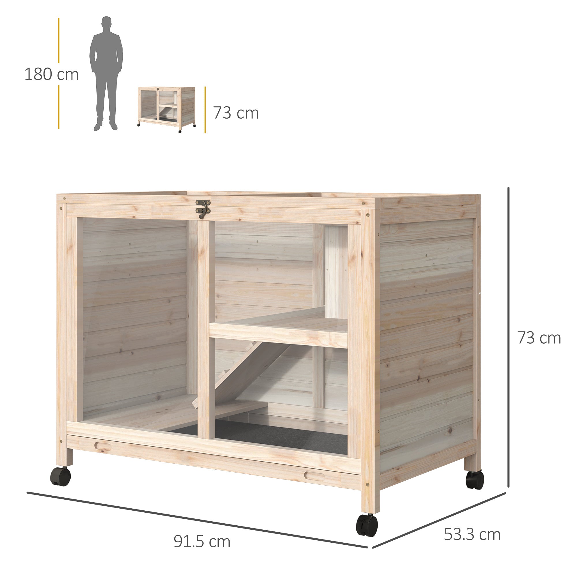 PawHut Rabbit Hutch Indoor Wooden Guinea Pig House Hamster Cage with Wheels, 2 Layers Bunny Cage with Openable Roof, 91.5 x 53.3 x 73 cm, Natural - North Peak Garden Furniture