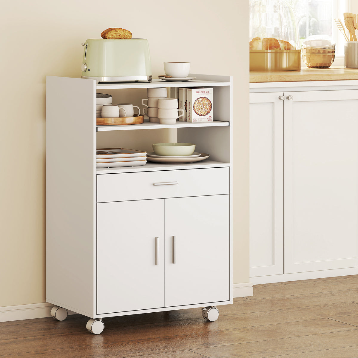 HOMCOM Kitchen Trolley with Wheels, Modern Mobile Microwave Stand with Slide-Out Shelf, Drawer and 2 Doors for Dining Room
