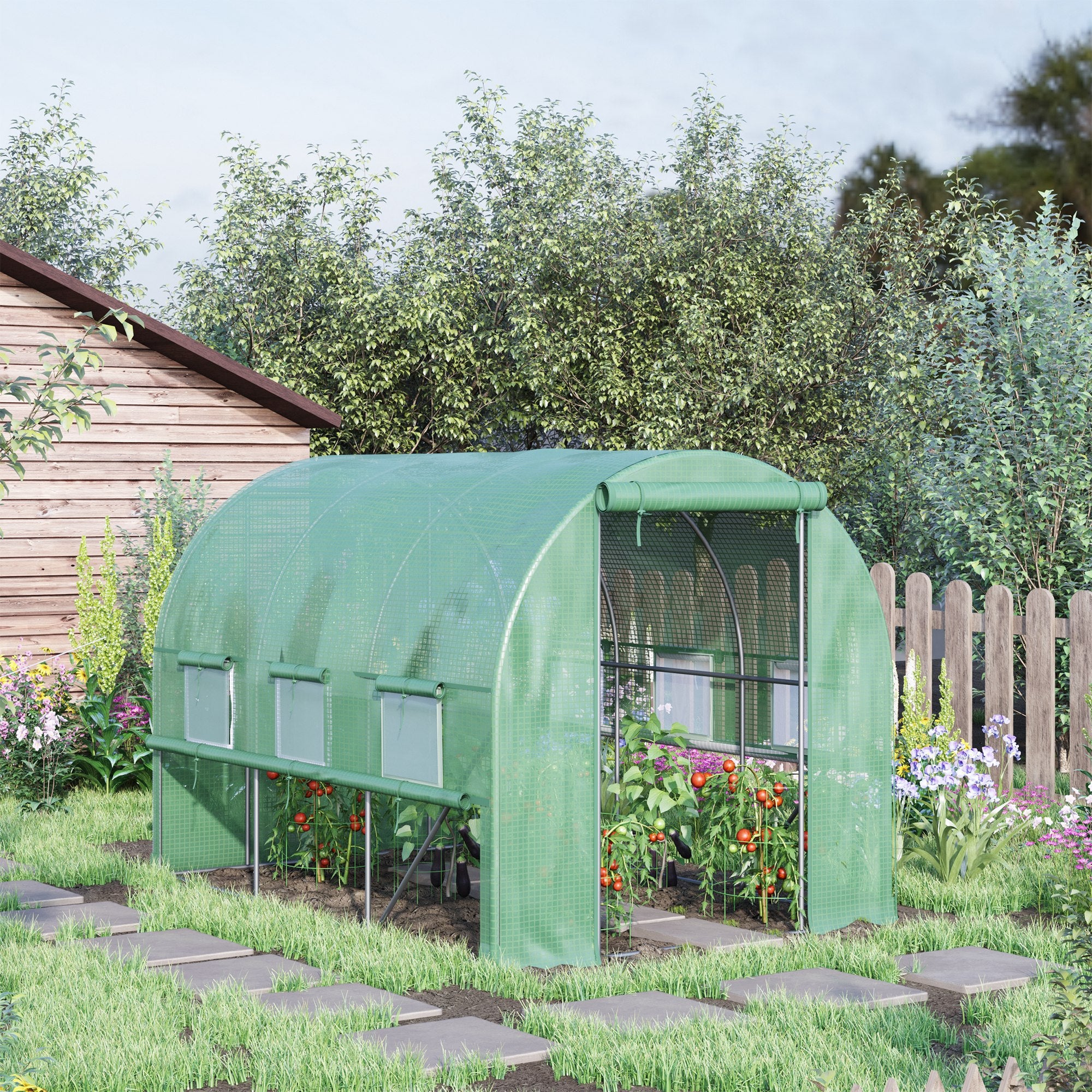 Outsunny Walk-in Polytunnel Greenhouse Green House with Roll-up Sidewalls, UV-resistant PE Cover, 3 x 2 x 2m, Green