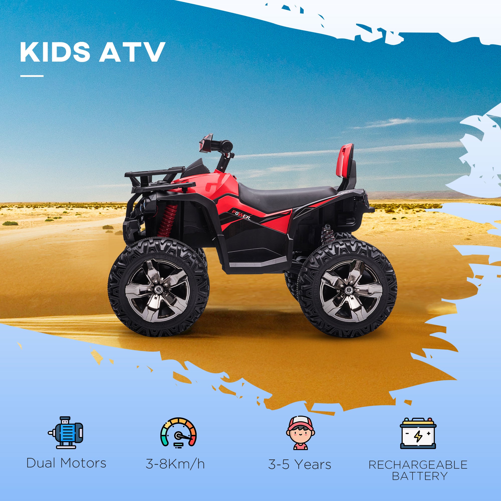 HOMCOM 12V Quad Bike ATV with LED Lights, Music, Backrest, Forward, Backward, Red - North Peak Garden Furniture