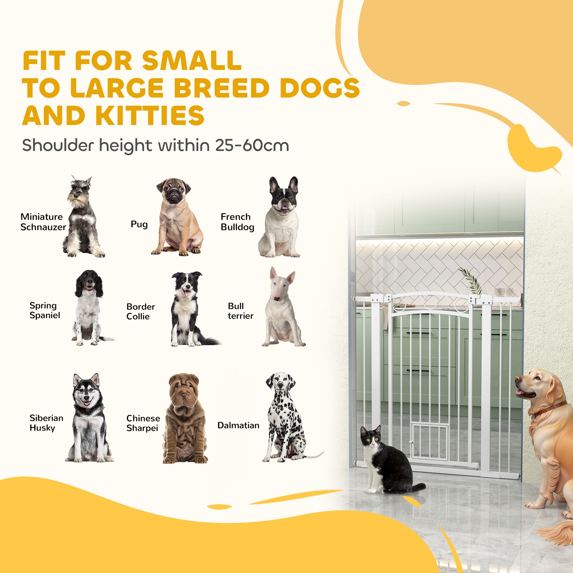 PawHut 106cm Tall Dog Gate with Cat Door, 7cm and 14cm Extensions, for Stairs, Doorways, 76-104cm Width