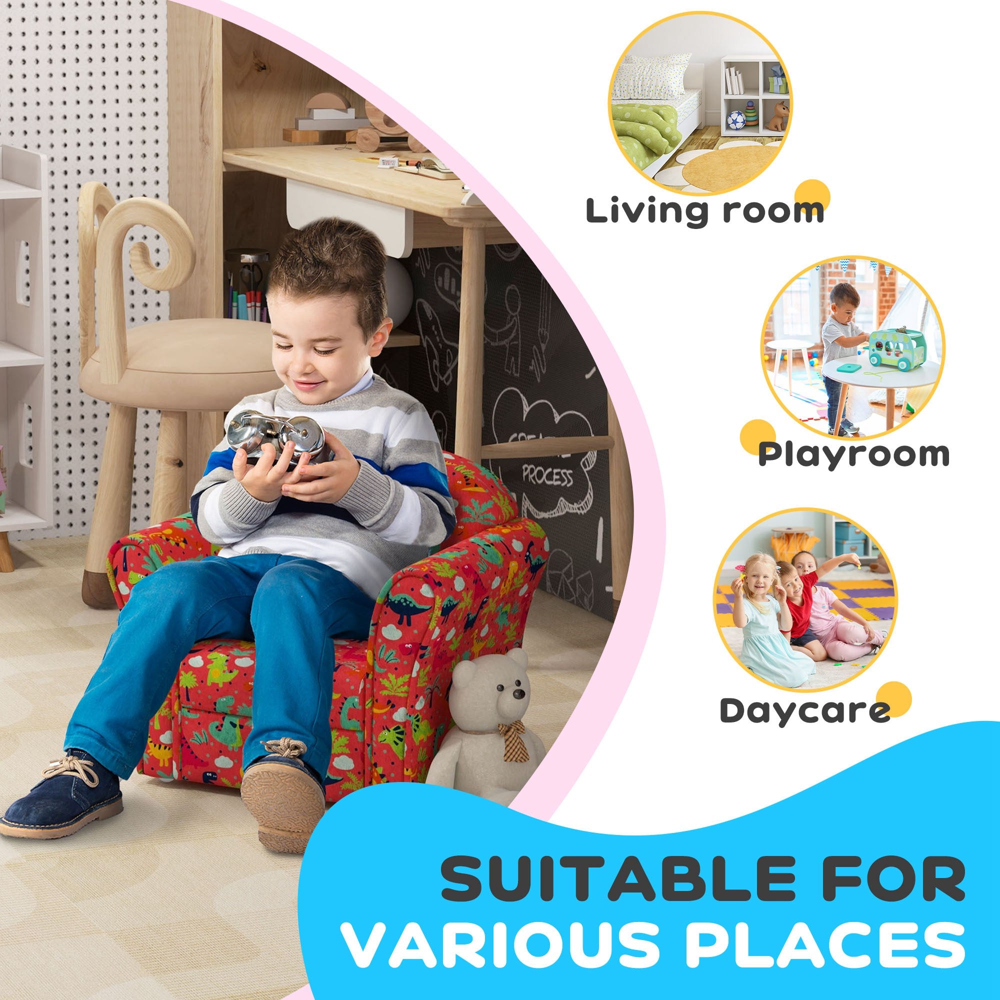 AIYAPLAY Kids Armchair with Dinosaur Design, Wooden Frame, for Bedroom, Playroom, Kids Room, Red - North Peak Garden Furniture