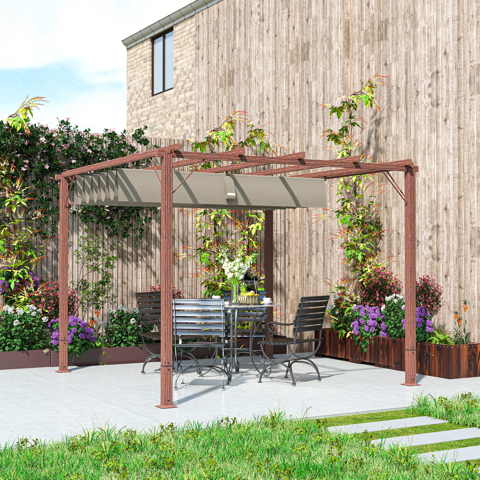 Outsunny 3 x 3 m Retractable Roof Pergola - Natural Wood Finish - North Peak Garden Furniture