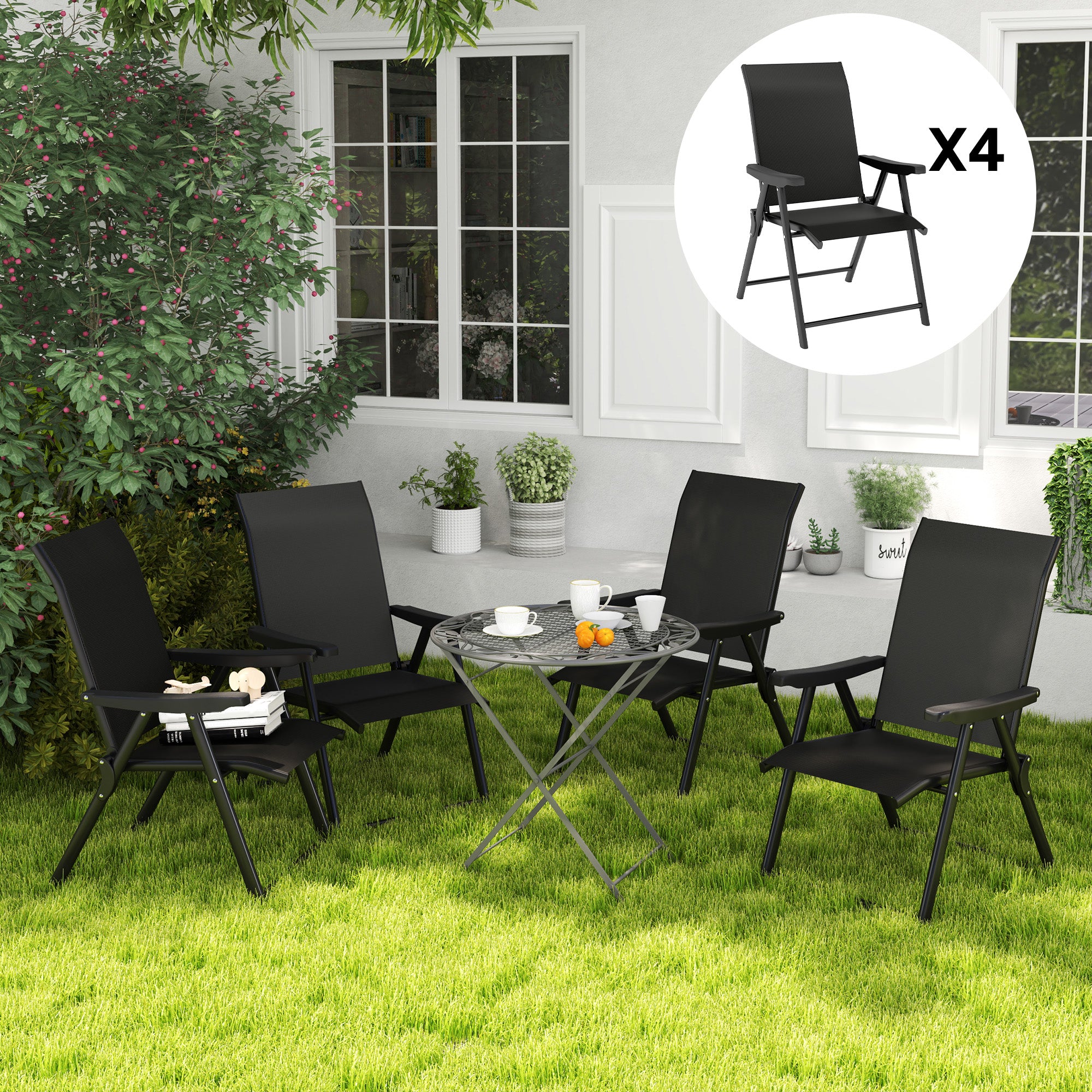 Outsunny Set of Four Folding Outdoor Chairs - Black