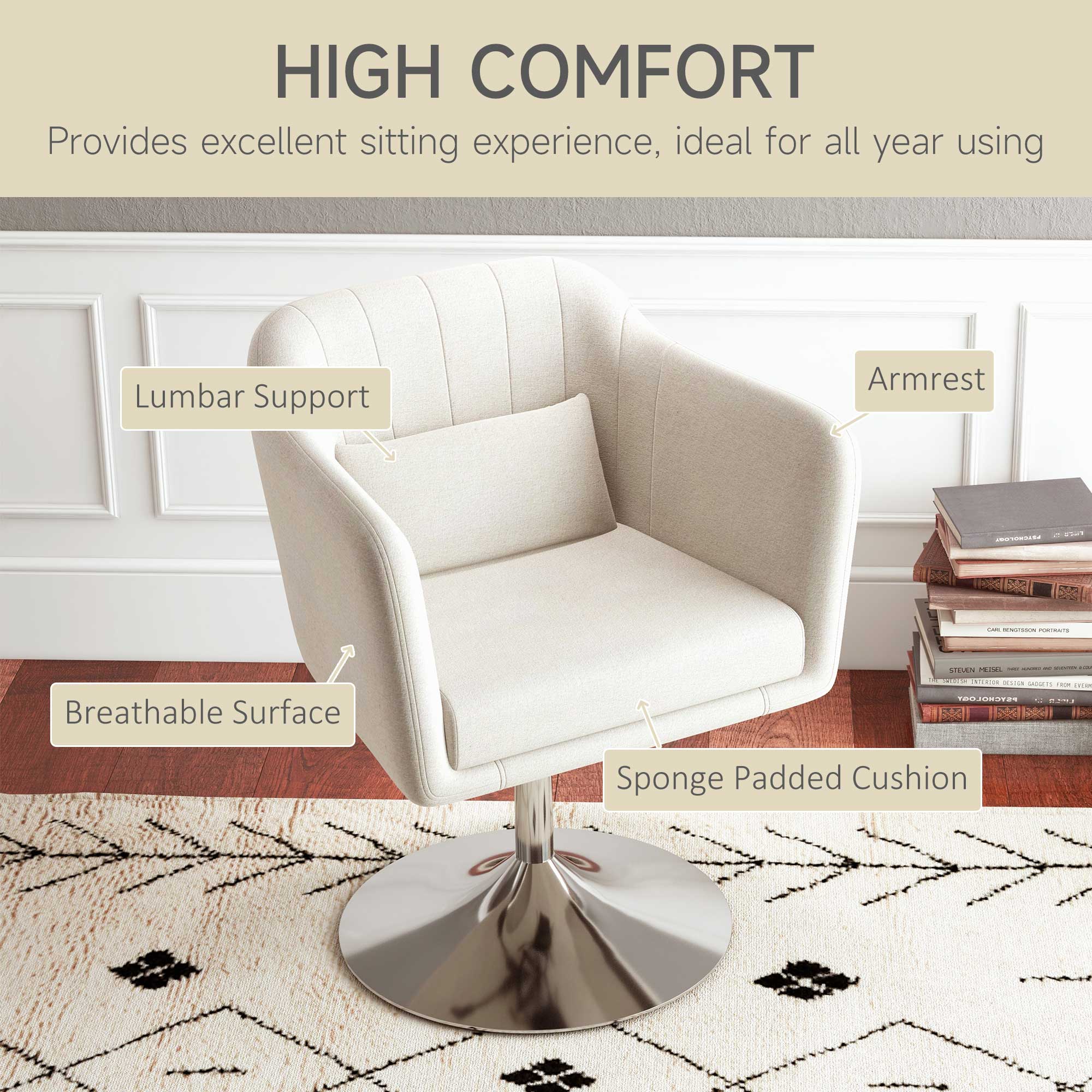 HOMCOM Modern Accent Chair with Swivel Base, Height Adjustable Arm Chair with Pillow for Living Room, Bedroom, Cream White