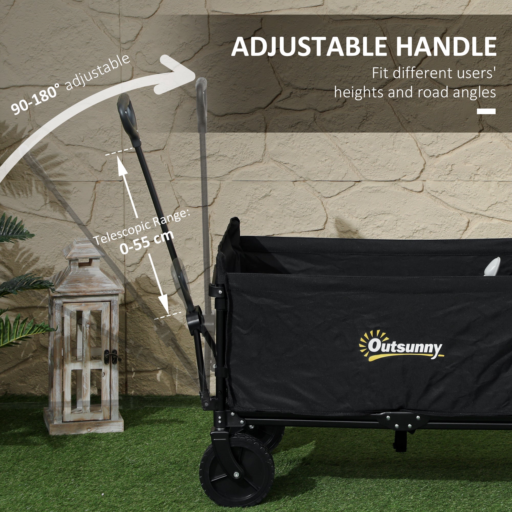 Outsunny 120L Folding Garden Trolley Cart, Outdoor Collapsible Wagon with Wheels and Adjustable Handle for Beach, Camping, Festival, Black - North Peak Garden Furniture