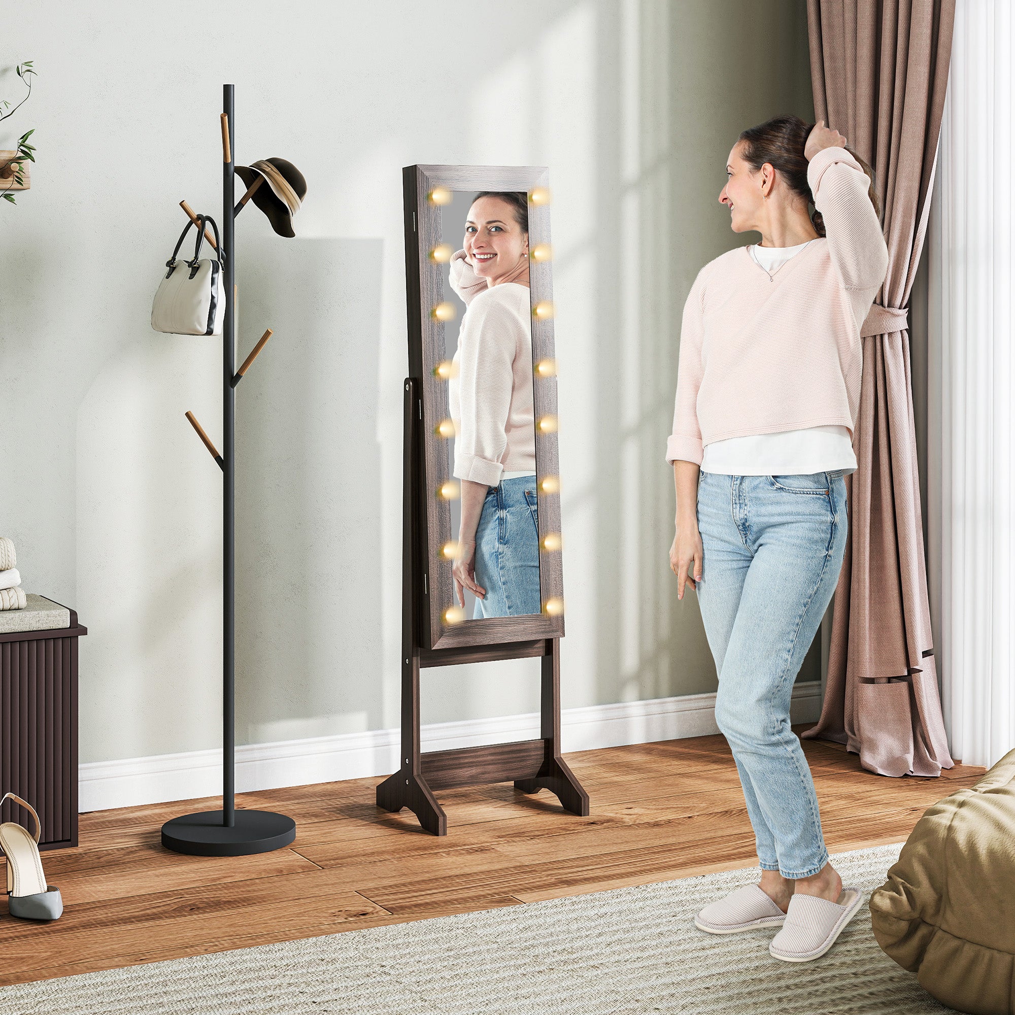 HOMCOM Free Standing Mirror Jewelry Cabinet with LED Lights, Jewellery Organiser with 3 Angle Adjustable, Full-Length Mirror with Storage for Earrings, Necklaces, Rings and Lipsticks, Dark Brown