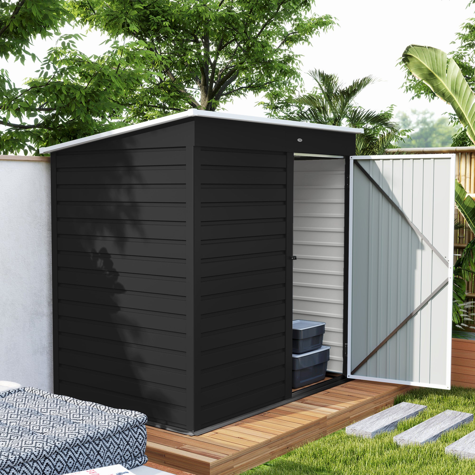 Outsunny 6 x 4ft Metal Garden Storage Shed, Outdoor Tool Storage Shed with Lockable Door and Gloves for Garden, Patio, Dark Grey - North Peak Garden Furniture