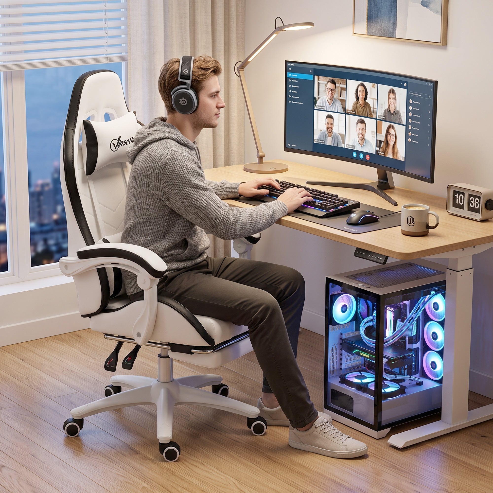 Vinsetto Computer Gaming Chair, PU Leather Desk Chair with Footrest, Swivel Task Chair with 135° Reclining Back and Lumbar Support, PC Chair for Adults, White and Black