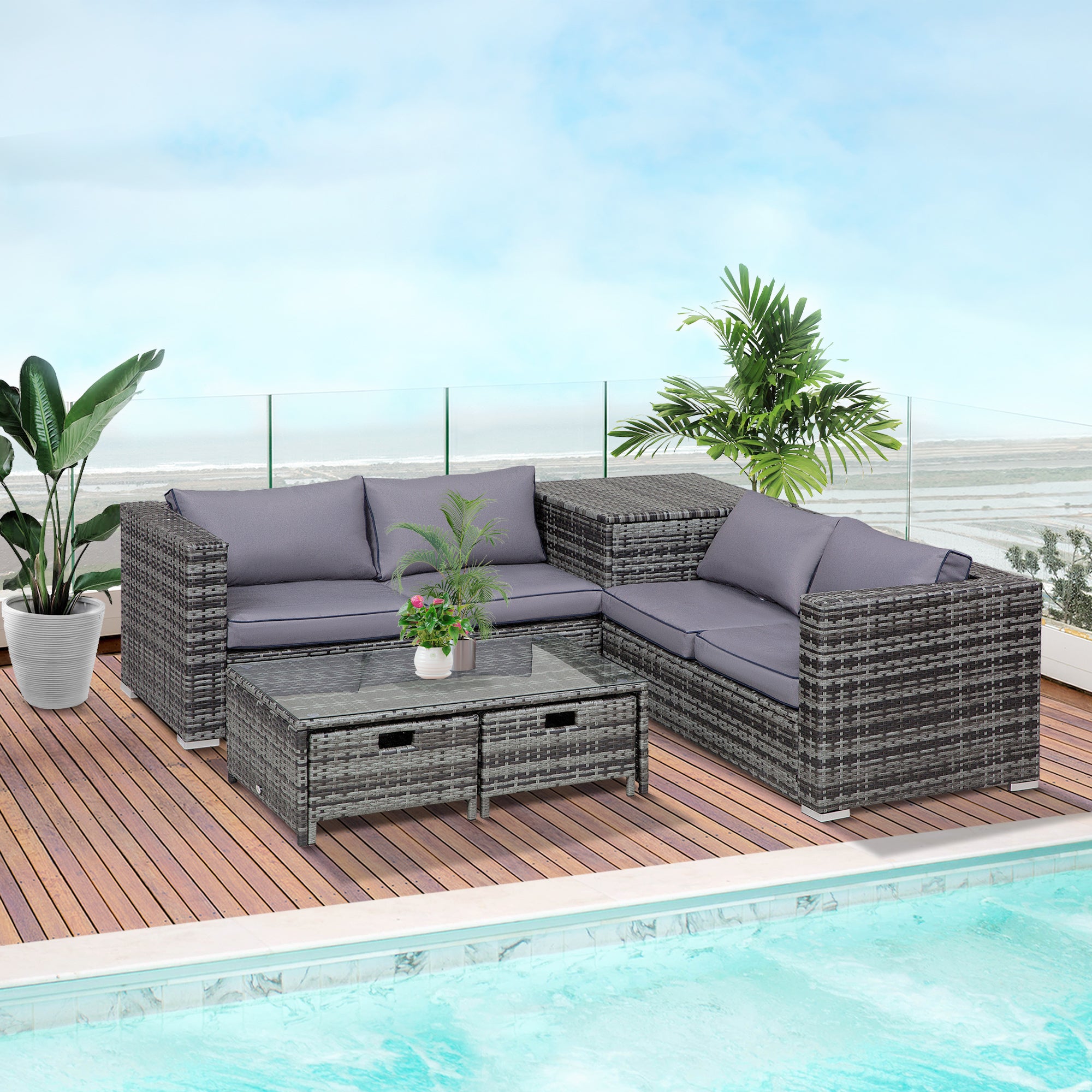 Outsunny 4 Pcs Rattan Wicker Garden Furniture Patio Sofa Storage & Table Set w/ 2 Drawers Coffee Table,Great Cushioned 4 Seats Corner Sofa - Grey - North Peak Garden Furniture