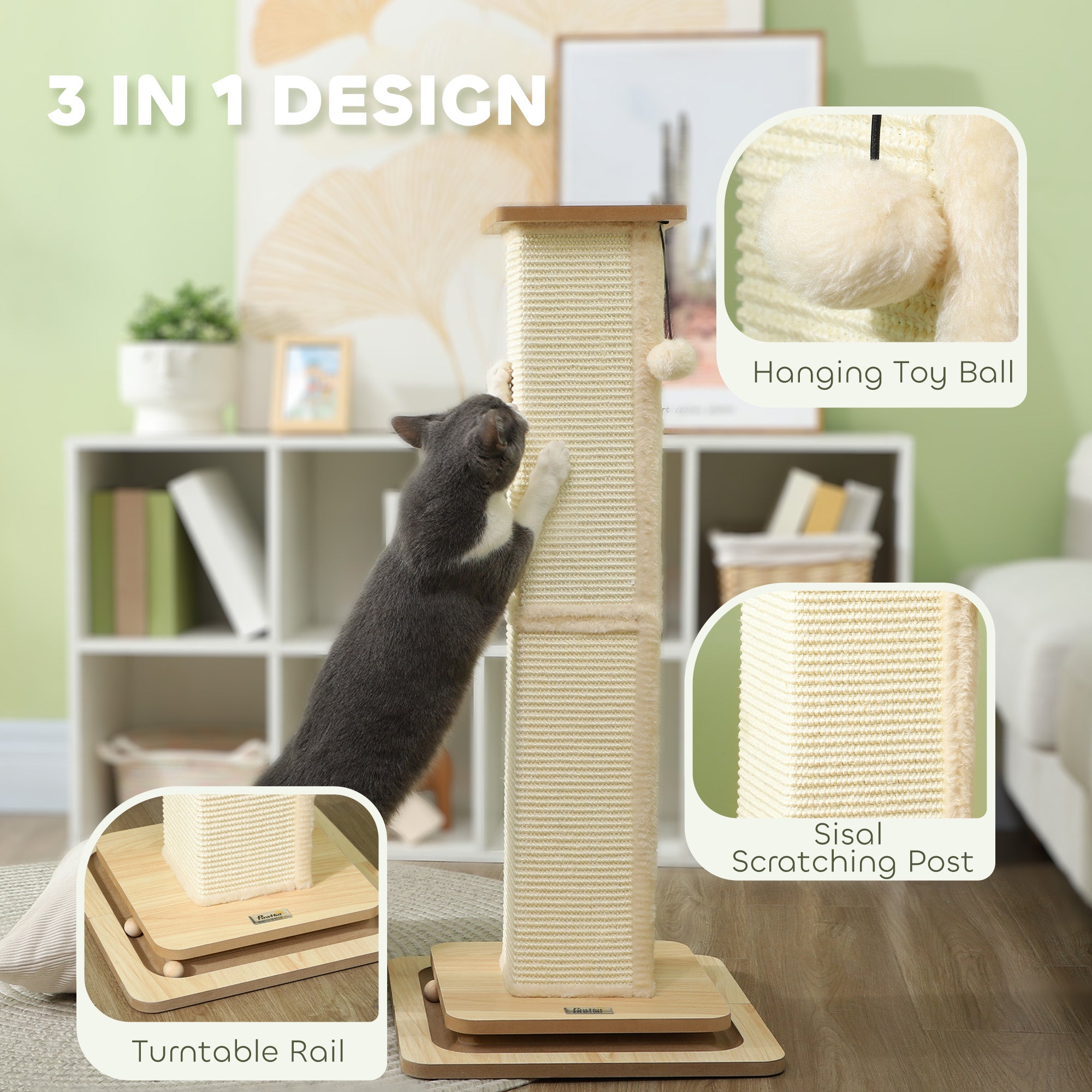 PawHut 3-in-1 Cat Scratching Post, 87cm Cat Scratcher w/ Track Ball Toy, Oak Tone