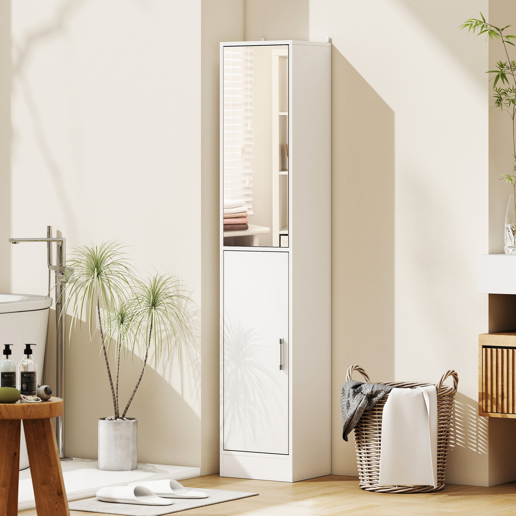 kleankin Tall Mirrored Bathroom Cabinet, Bathroom Storage Cupboard, Floor Standing Tallboy Unit with Adjustable Shelf, White