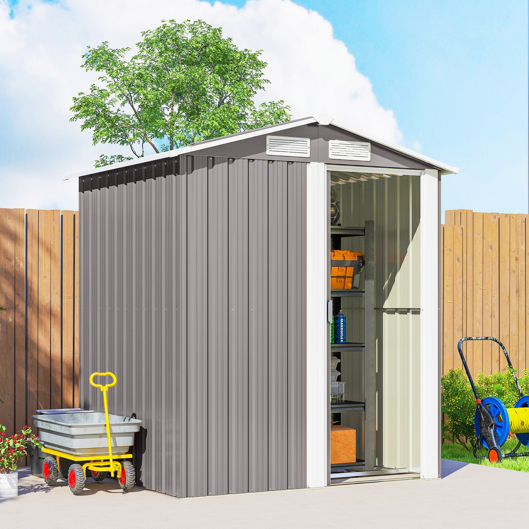 Outsunny Garden Metal Tool Storage Shed with Sliding Door, Sloped Roof and Foundation Kit, 152 x 132 x 188cm, Grey