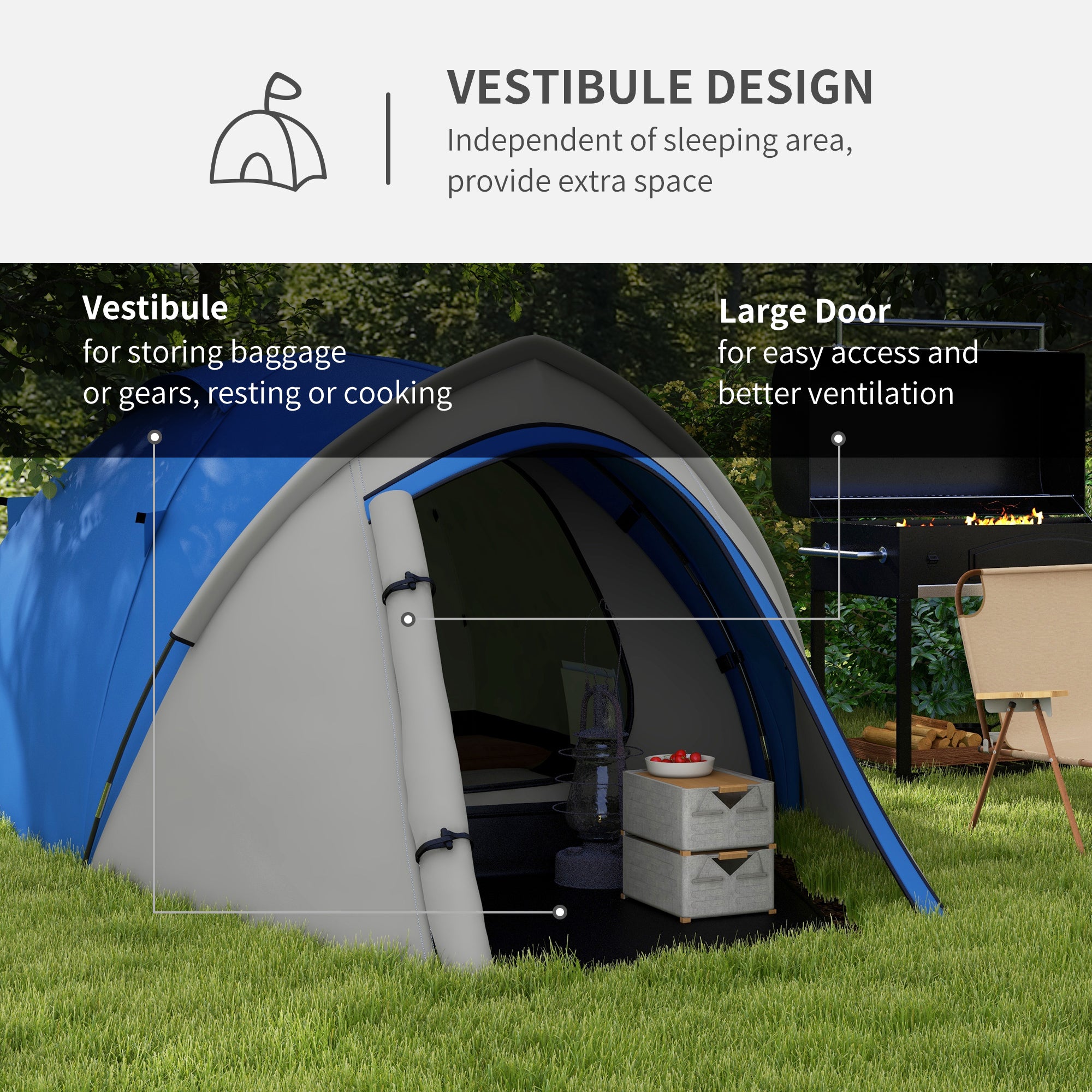 Outsunny Two-Man Dome Tent, with Front Vestibule - Blue/Grey - North Peak Garden Furniture