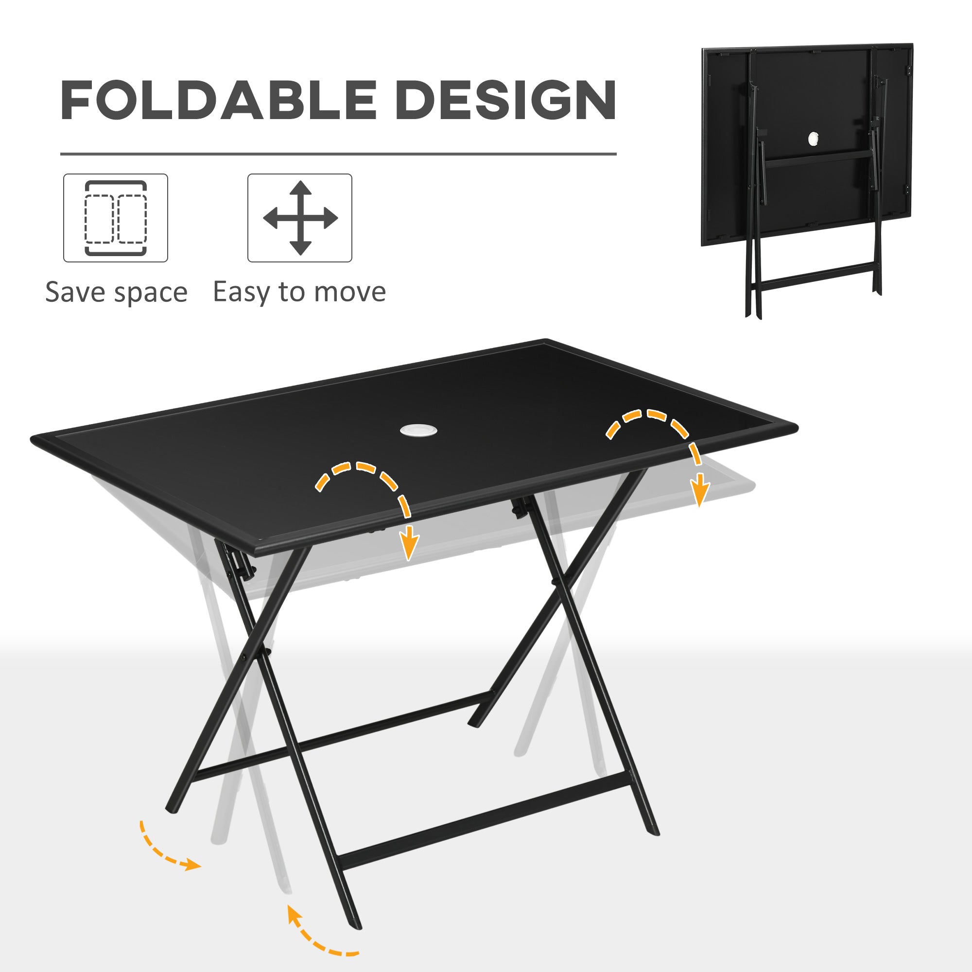 Outsunny Folding Outdoor Dining Table for 6, Rectangle Garden Table Tempered Glass Top with Parasol Hole Garden Lawn Backyard, 110 x 70 x 70 cm - North Peak Garden Furniture