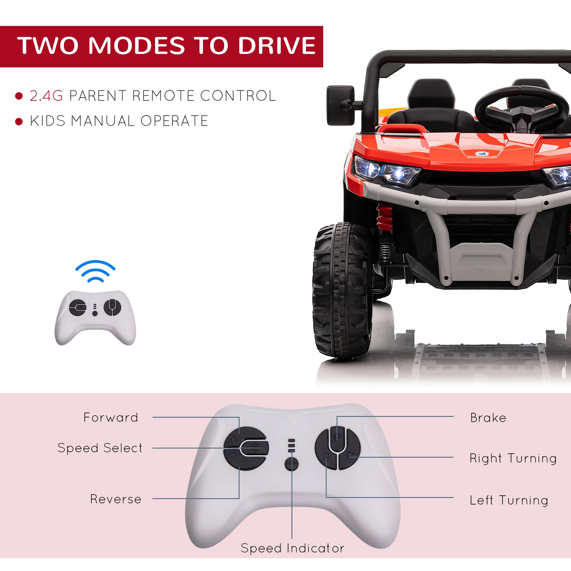 HOMCOM 12V 2 Seater Kids Electric Ride-On Car with Electric Bucket, Remote Control - Red - North Peak Garden Furniture